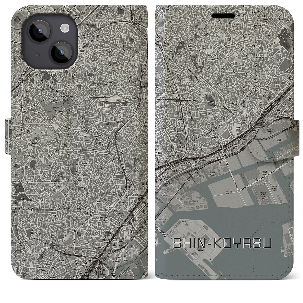 【新子安(神奈川県)】地図柄iPhoneケース(手帳タイプ)モノトーン・iPhone 14 Plus 用