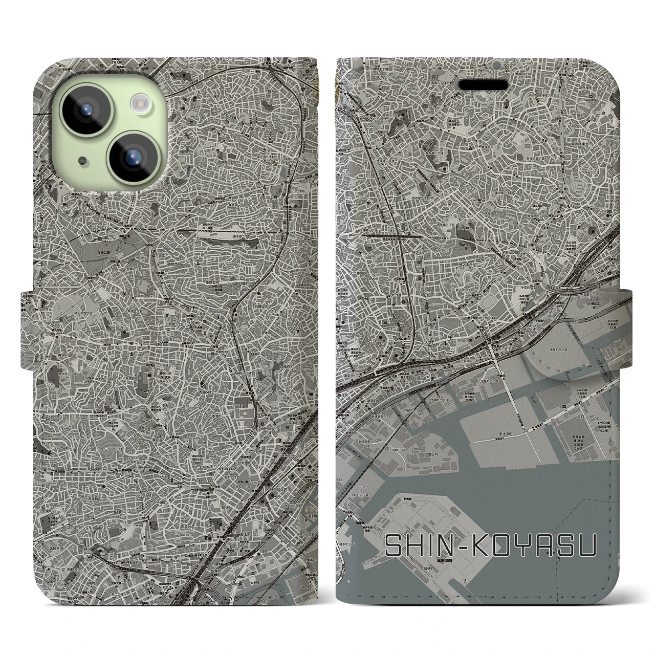【新子安(神奈川県)】地図柄iPhoneケース(手帳タイプ)モノトーン・iPhone 15 用