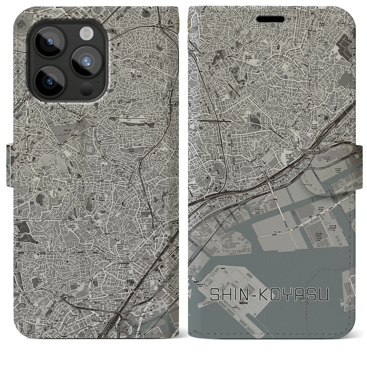【新子安(神奈川県)】地図柄iPhoneケース(手帳タイプ)モノトーン・iPhone 15 Pro Max 用