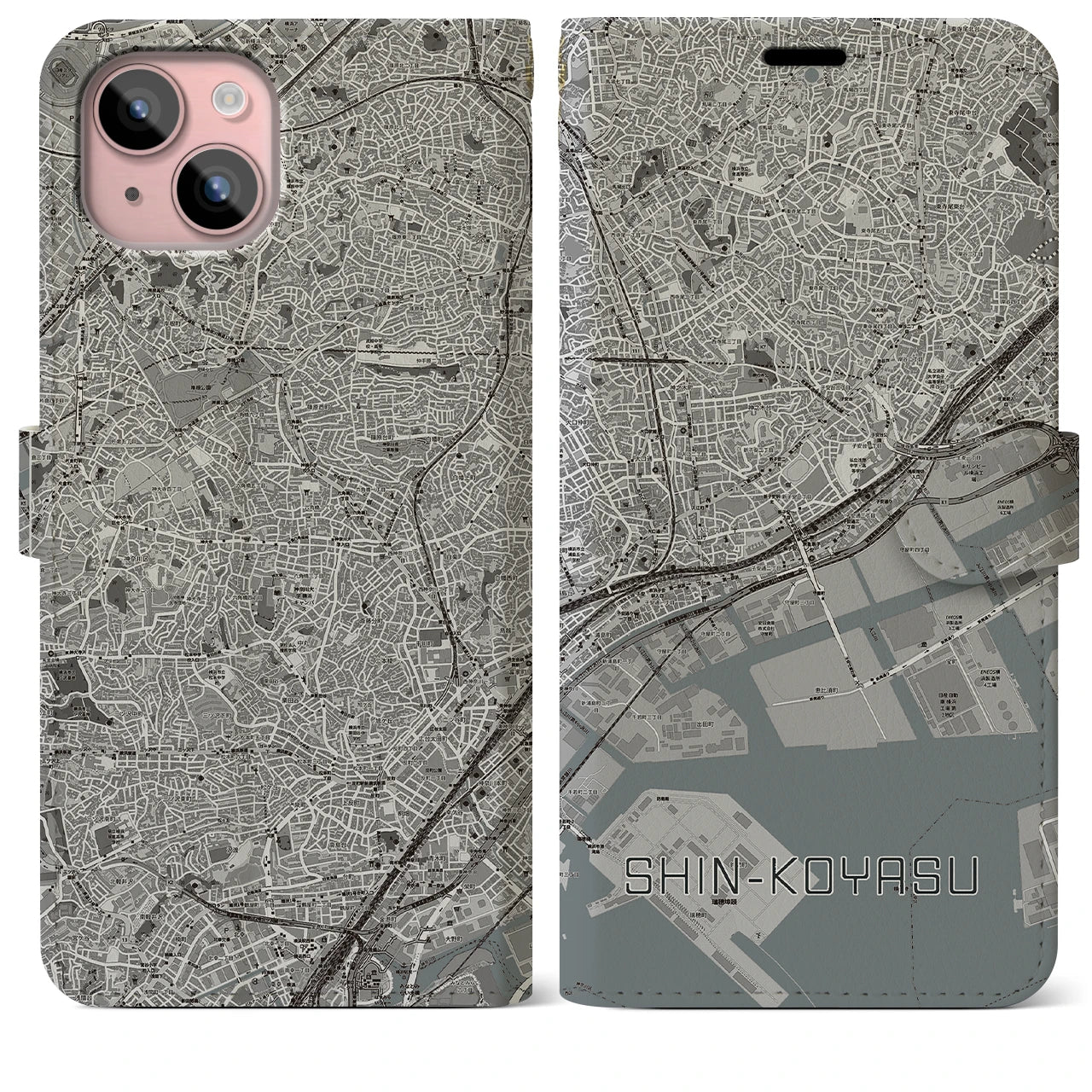 【新子安(神奈川県)】地図柄iPhoneケース(手帳タイプ)モノトーン・iPhone 15 Plus 用