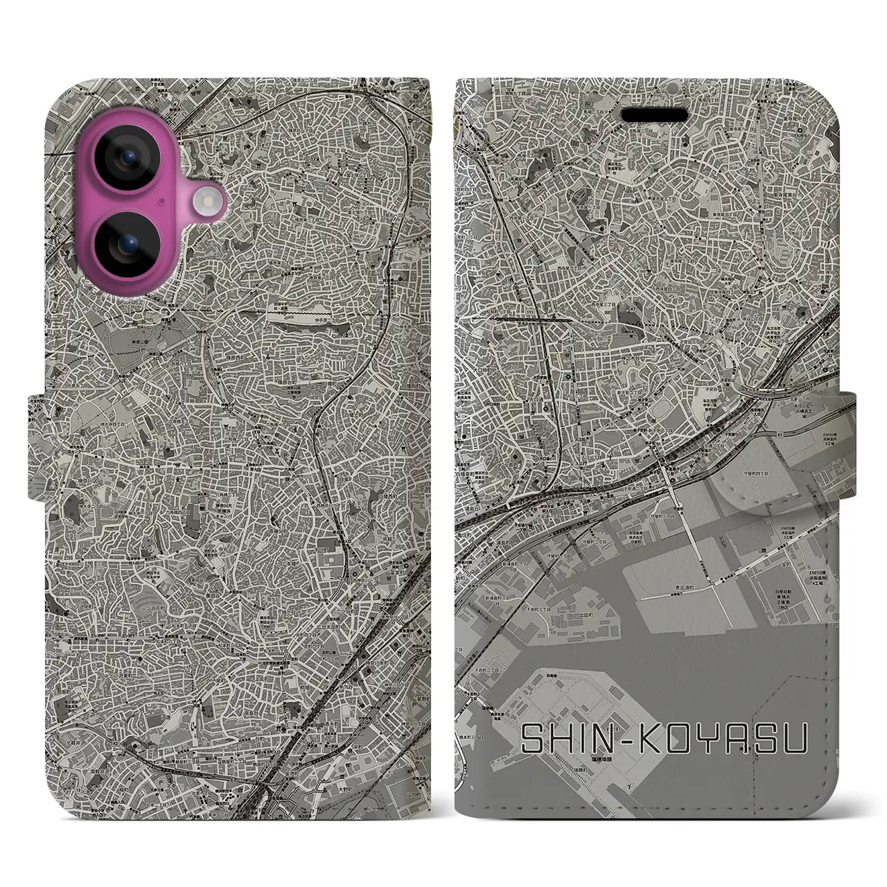 【新子安(神奈川県)】地図柄iPhoneケース(手帳タイプ)モノトーン・iPhone 16 Pro 用