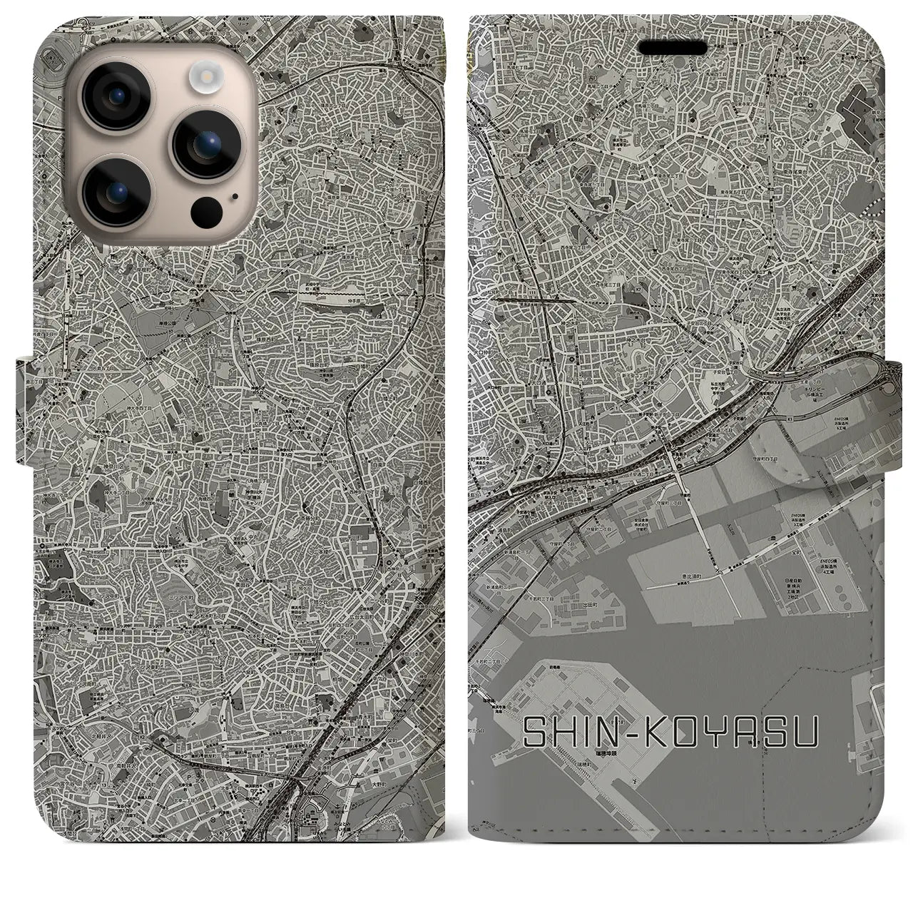【新子安(神奈川県)】地図柄iPhoneケース(手帳タイプ)モノトーン・iPhone 16 Plus 用