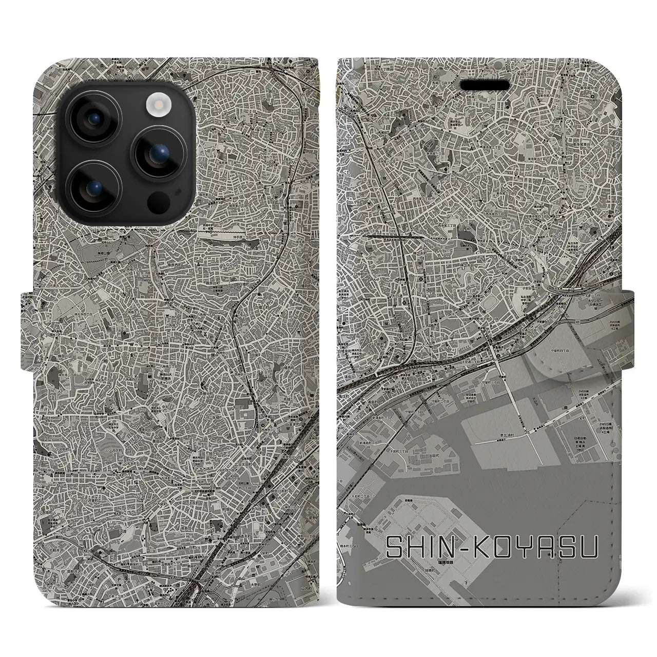 【新子安(神奈川県)】地図柄iPhoneケース(手帳タイプ)モノトーン・iPhone 16 用