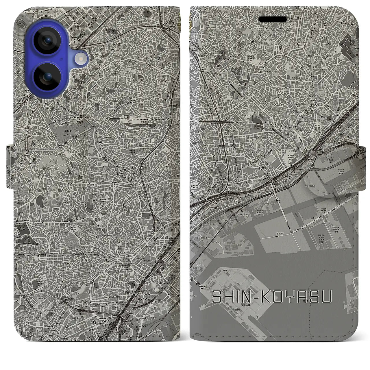 【新子安(神奈川県)】地図柄iPhoneケース(手帳タイプ)モノトーン・iPhone 16 Pro Max 用