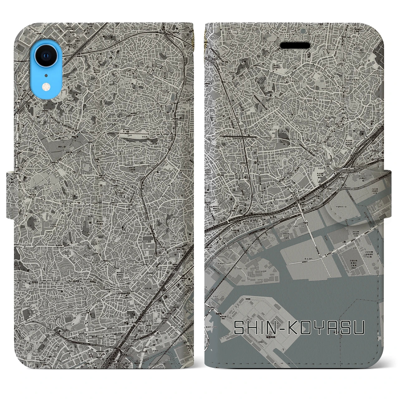 【新子安(神奈川県)】地図柄iPhoneケース(手帳タイプ)モノトーン・iPhone XR 用