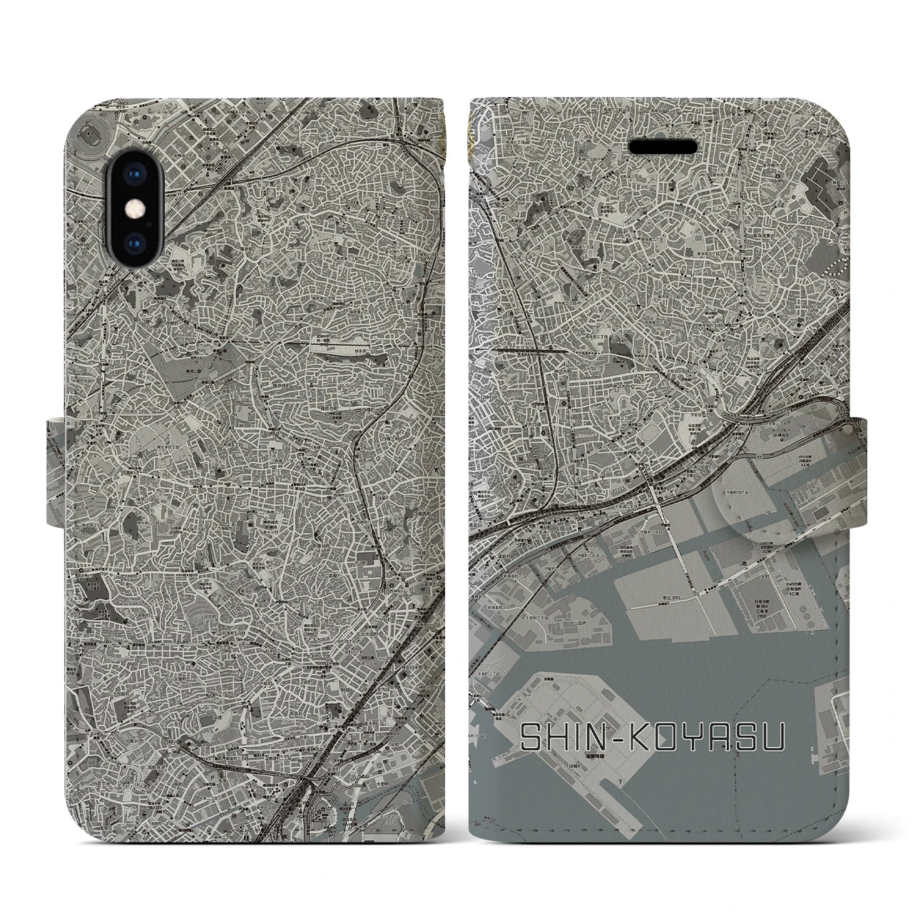 【新子安(神奈川県)】地図柄iPhoneケース(手帳タイプ)モノトーン・iPhone XS / X 用