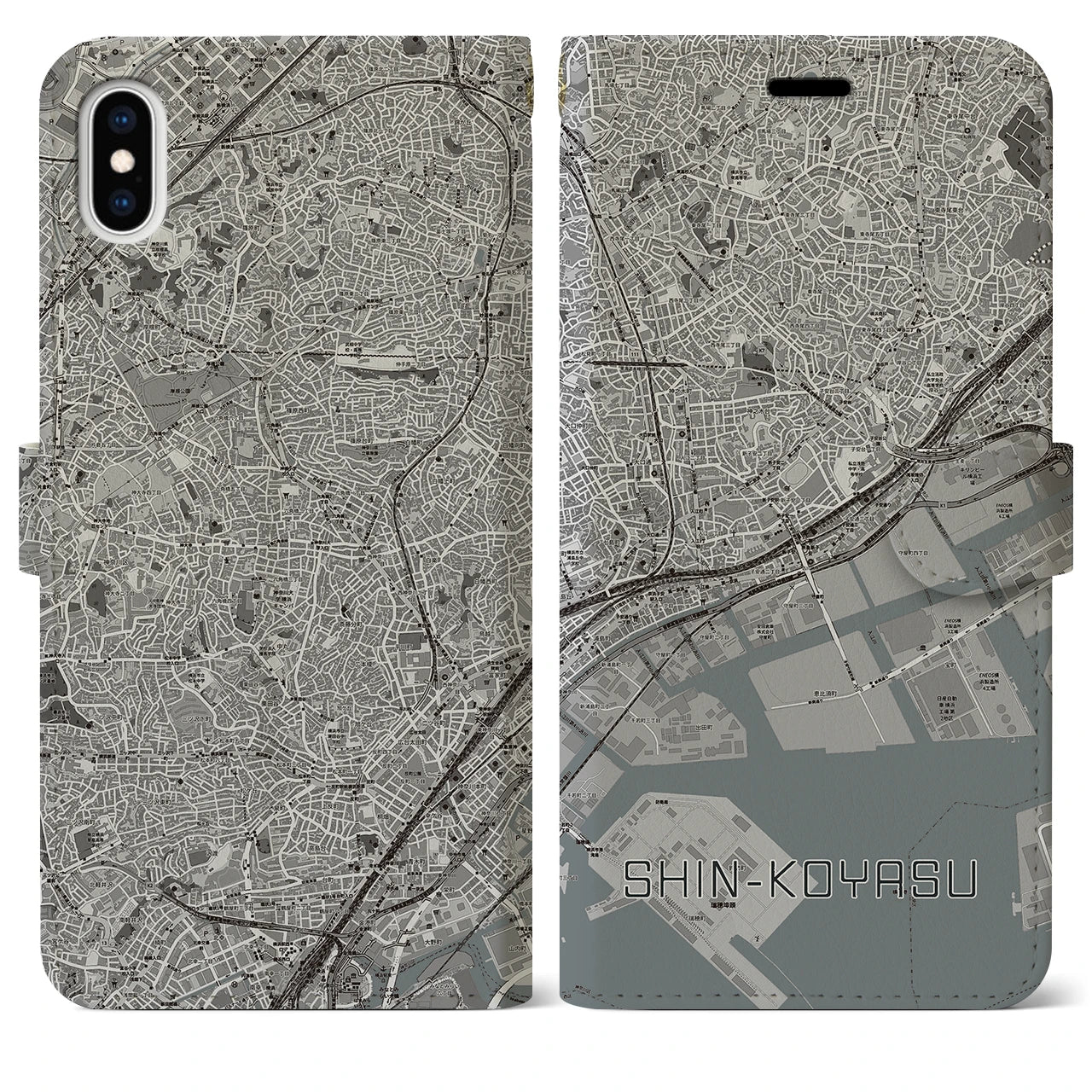 【新子安(神奈川県)】地図柄iPhoneケース(手帳タイプ)モノトーン・iPhone XS Max 用