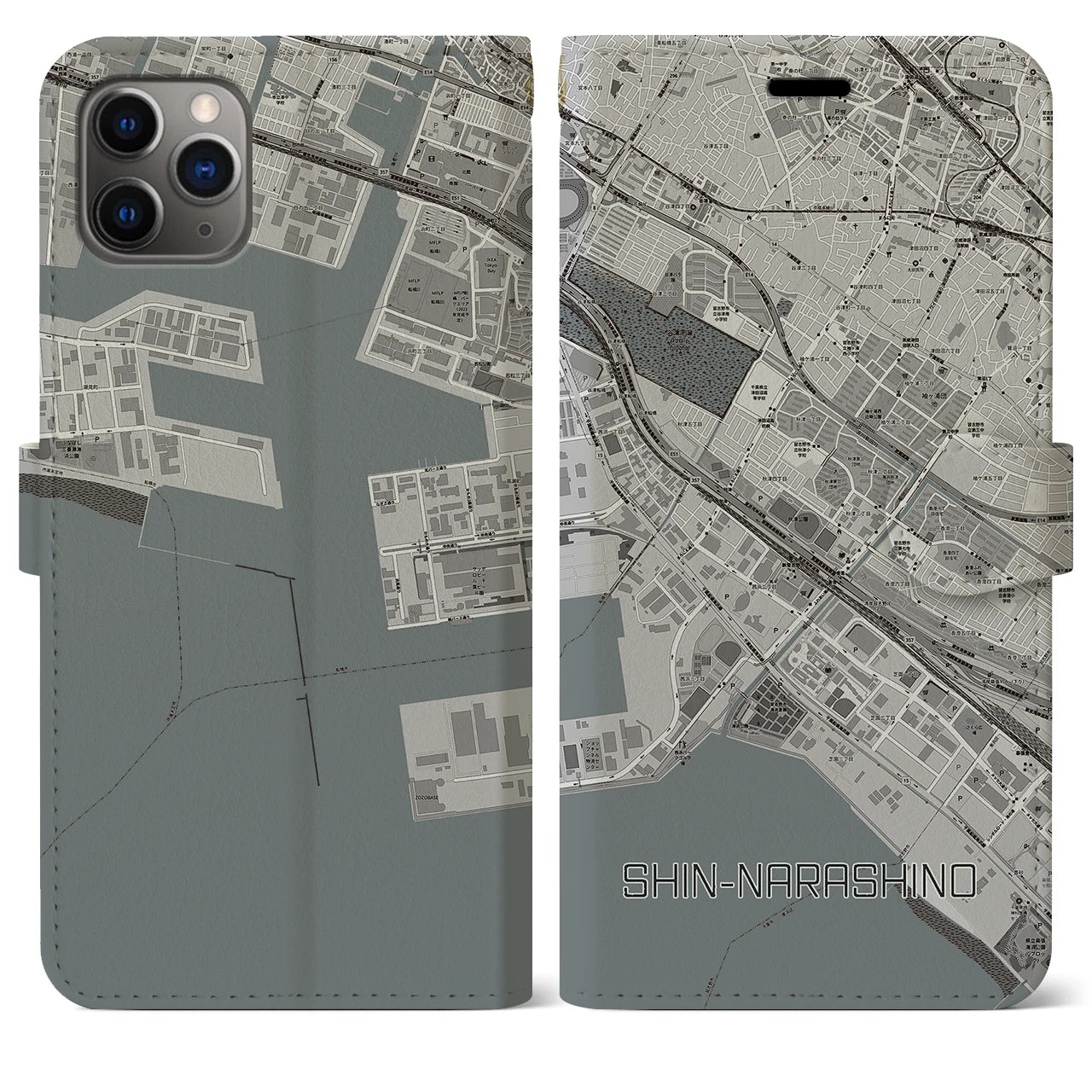 【新習志野(千葉県)】地図柄iPhoneケース(手帳タイプ)モノトーン・iPhone 11 Pro Max 用