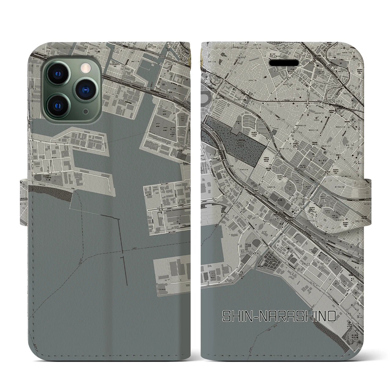 【新習志野(千葉県)】地図柄iPhoneケース(手帳タイプ)モノトーン・iPhone 11 Pro 用