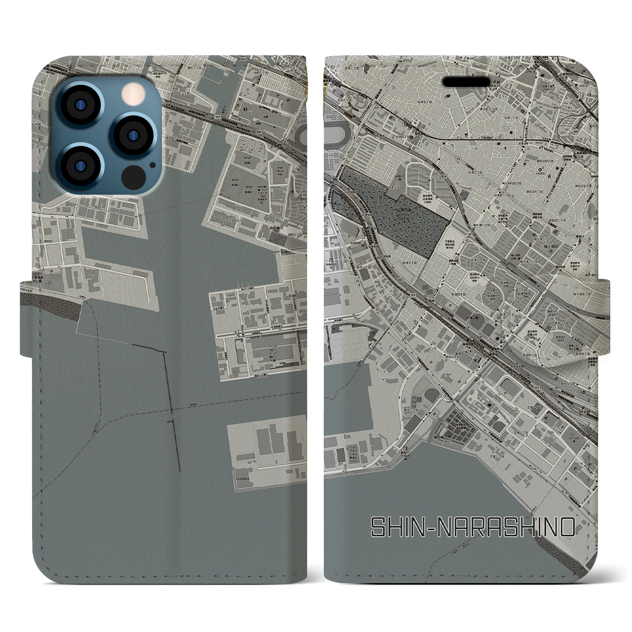 【新習志野(千葉県)】地図柄iPhoneケース(手帳タイプ)モノトーン・iPhone 12 / 12 Pro 用