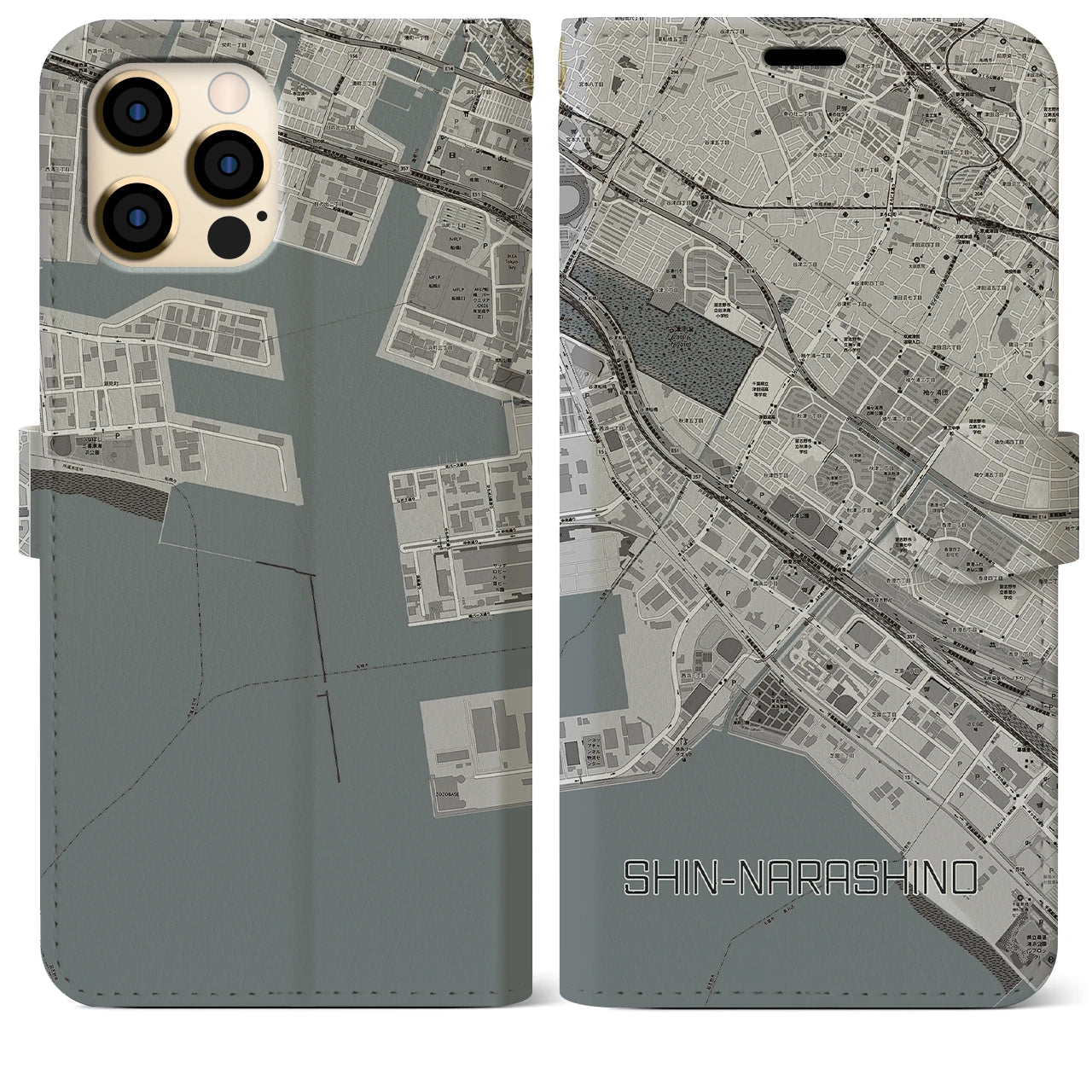 【新習志野(千葉県)】地図柄iPhoneケース(手帳タイプ)モノトーン・iPhone 12 Pro Max 用