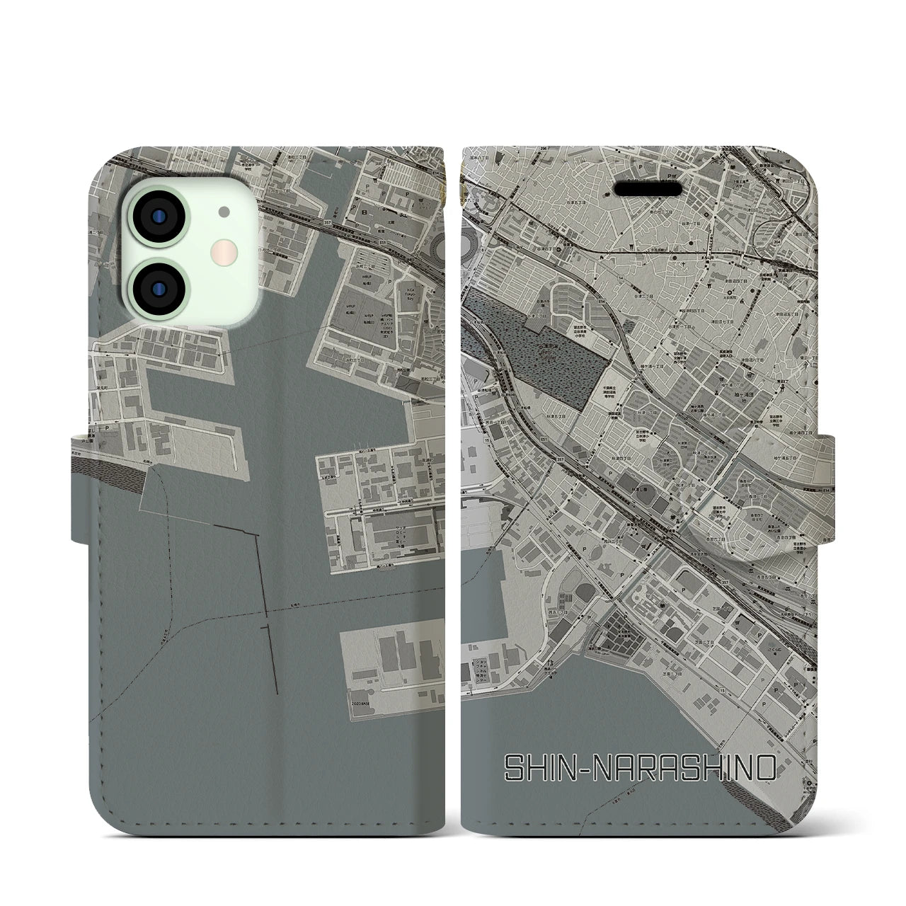 【新習志野(千葉県)】地図柄iPhoneケース(手帳タイプ)モノトーン・iPhone 12 mini 用
