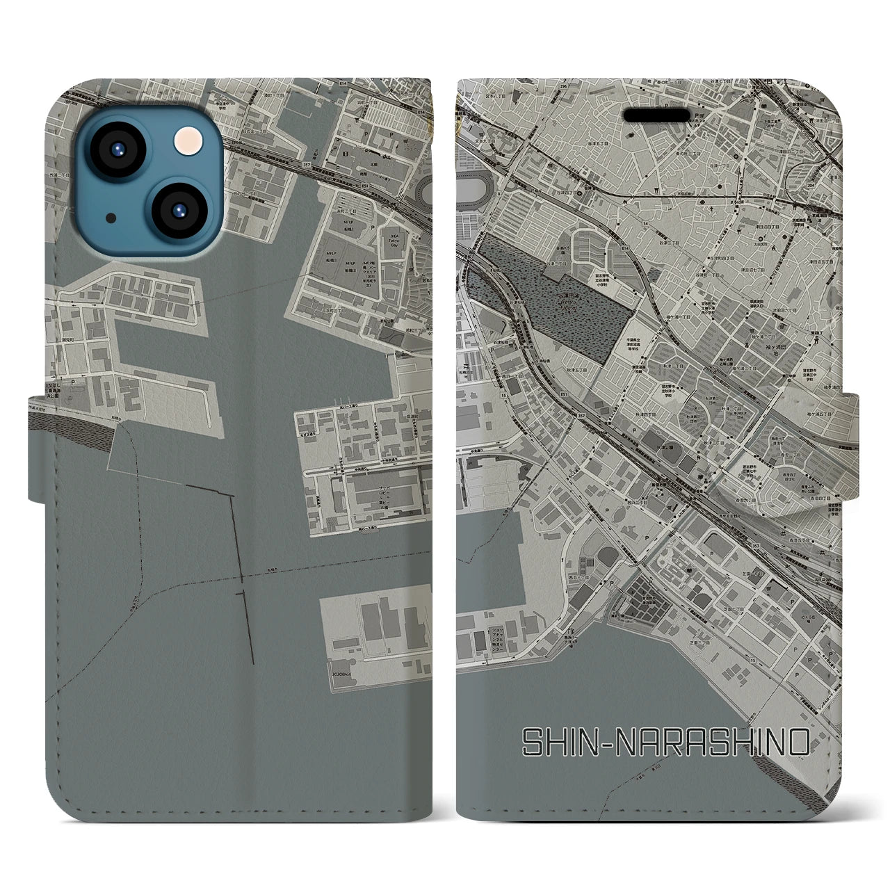 【新習志野(千葉県)】地図柄iPhoneケース(手帳タイプ)モノトーン・iPhone 13 用