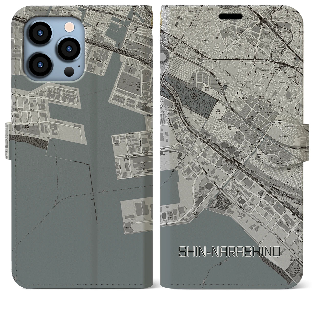 【新習志野(千葉県)】地図柄iPhoneケース(手帳タイプ)モノトーン・iPhone 13 Pro Max 用