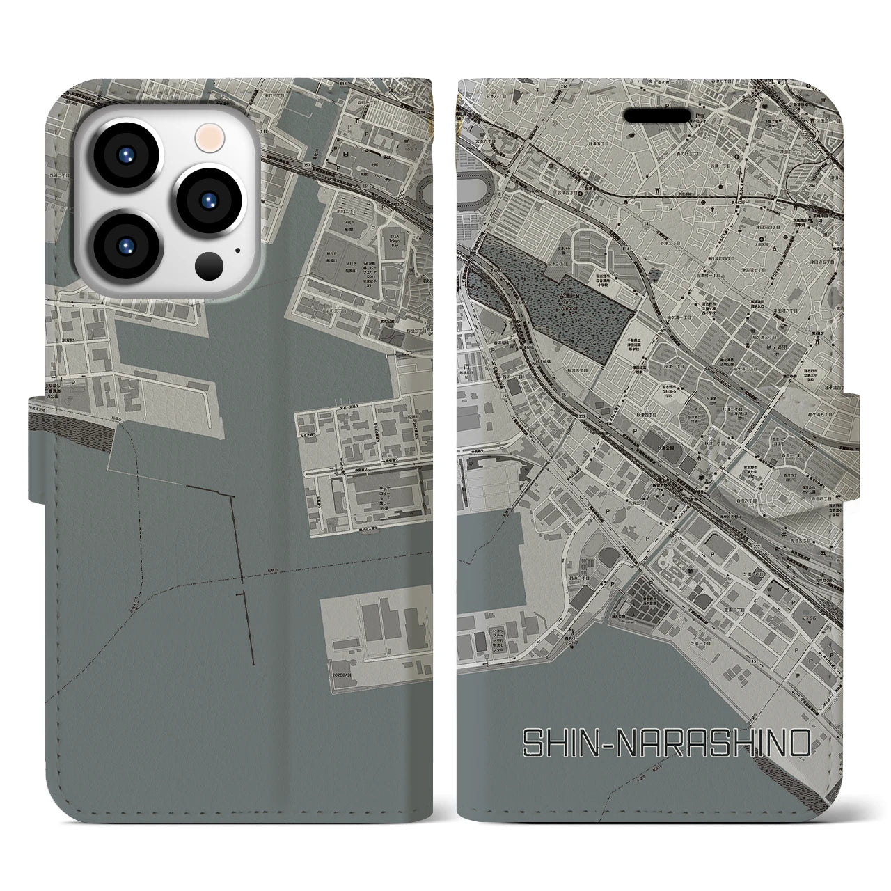 【新習志野(千葉県)】地図柄iPhoneケース(手帳タイプ)モノトーン・iPhone 13 Pro 用