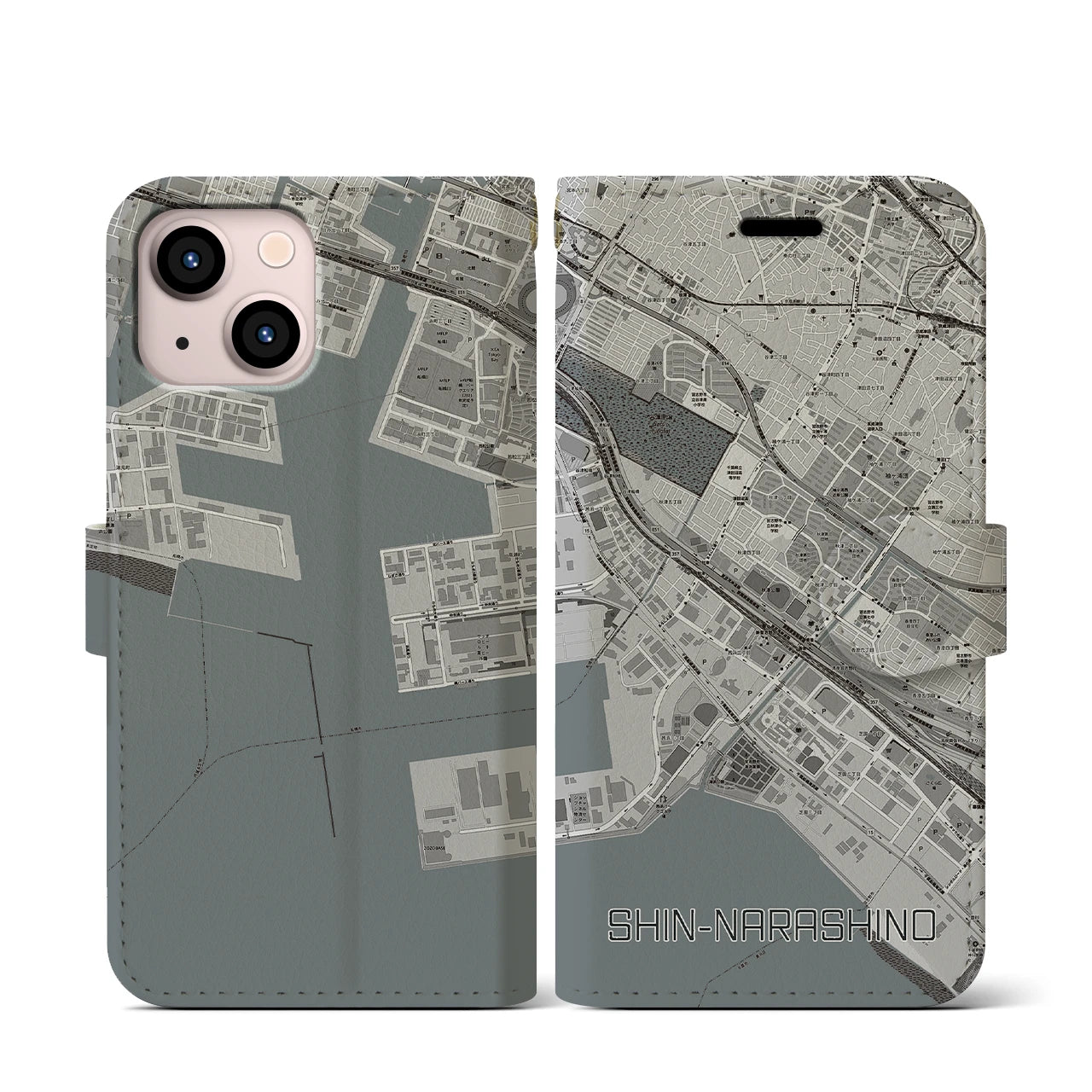 【新習志野(千葉県)】地図柄iPhoneケース(手帳タイプ)モノトーン・iPhone 13 mini 用