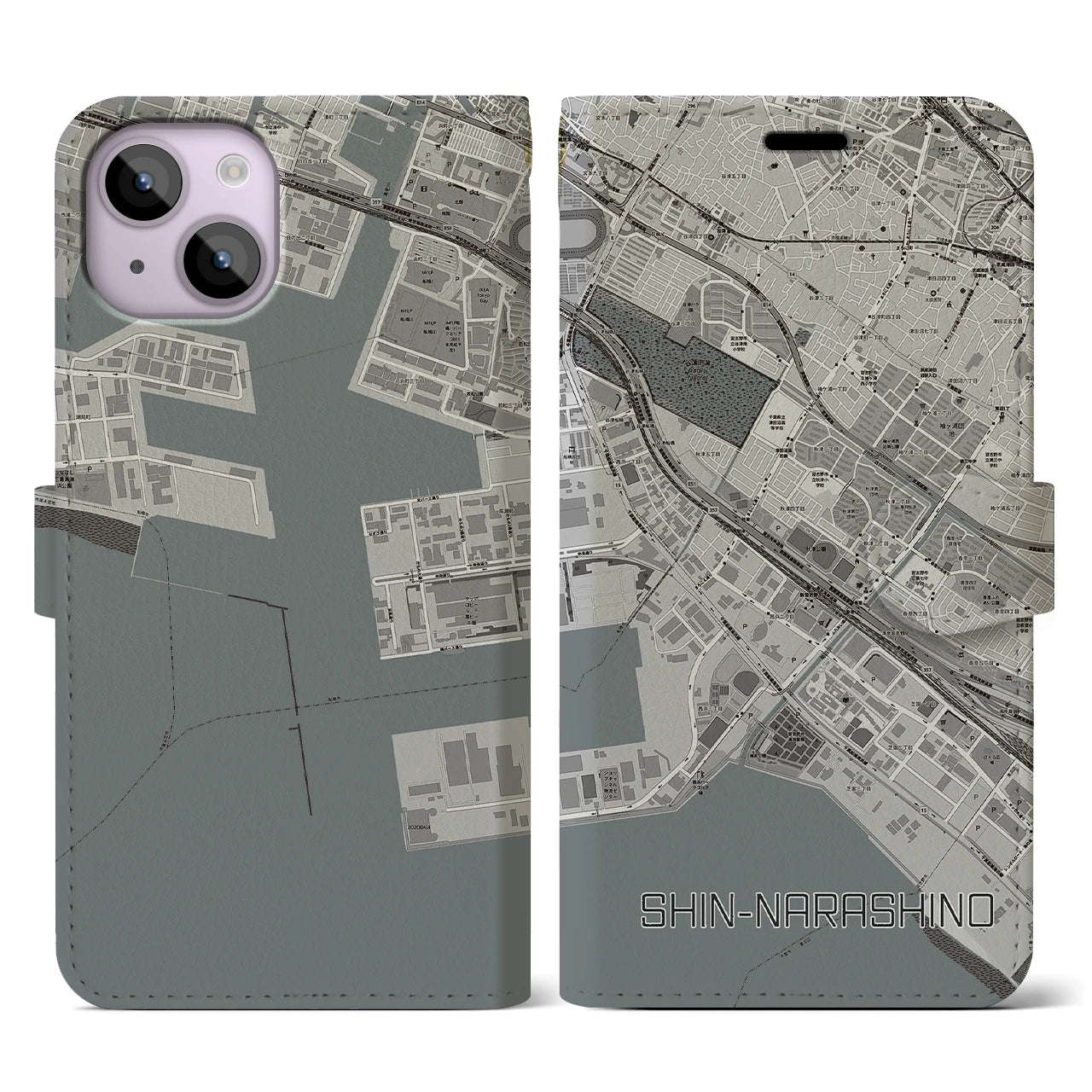 【新習志野(千葉県)】地図柄iPhoneケース(手帳タイプ)モノトーン・iPhone 14 用