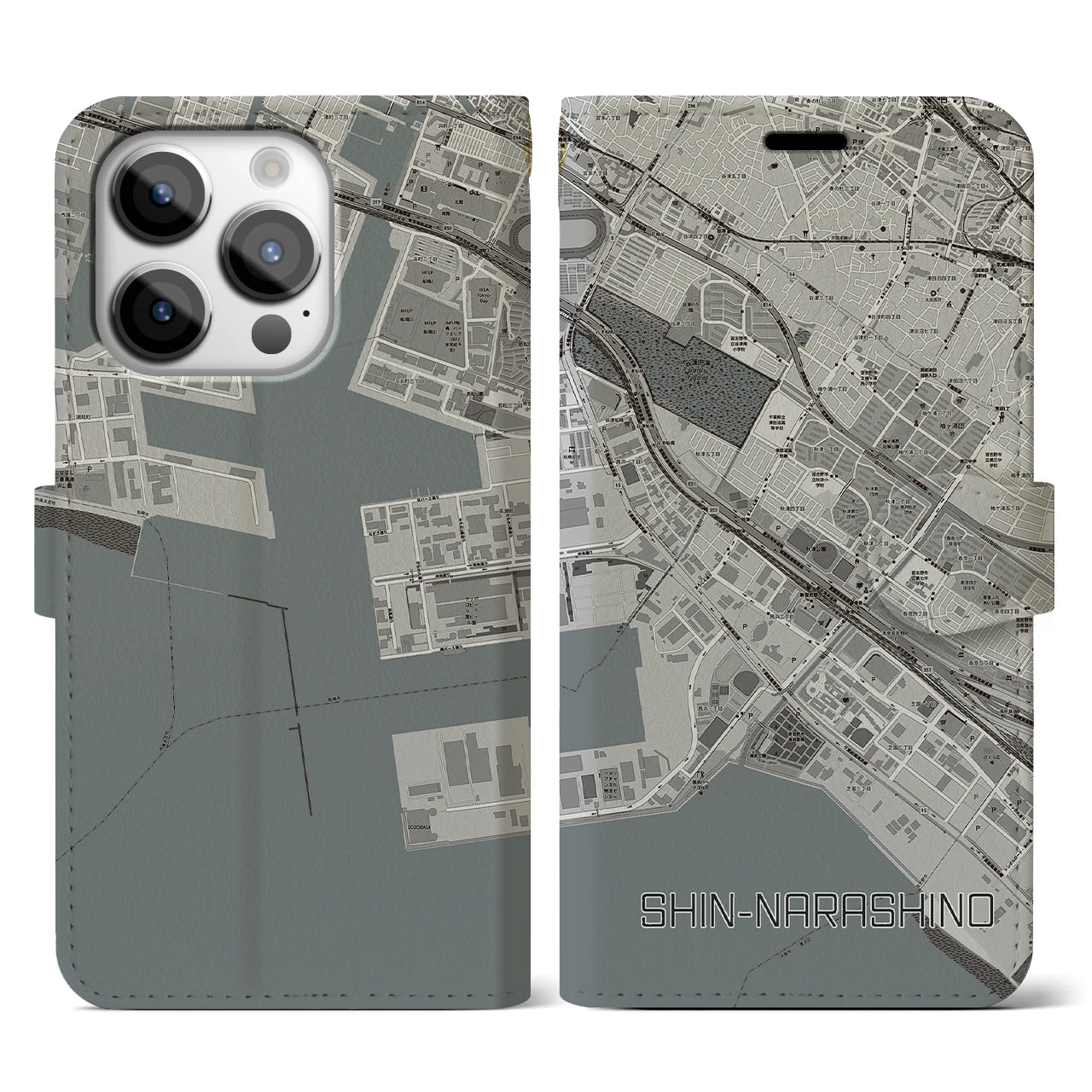 【新習志野(千葉県)】地図柄iPhoneケース(手帳タイプ)モノトーン・iPhone 14 Pro 用