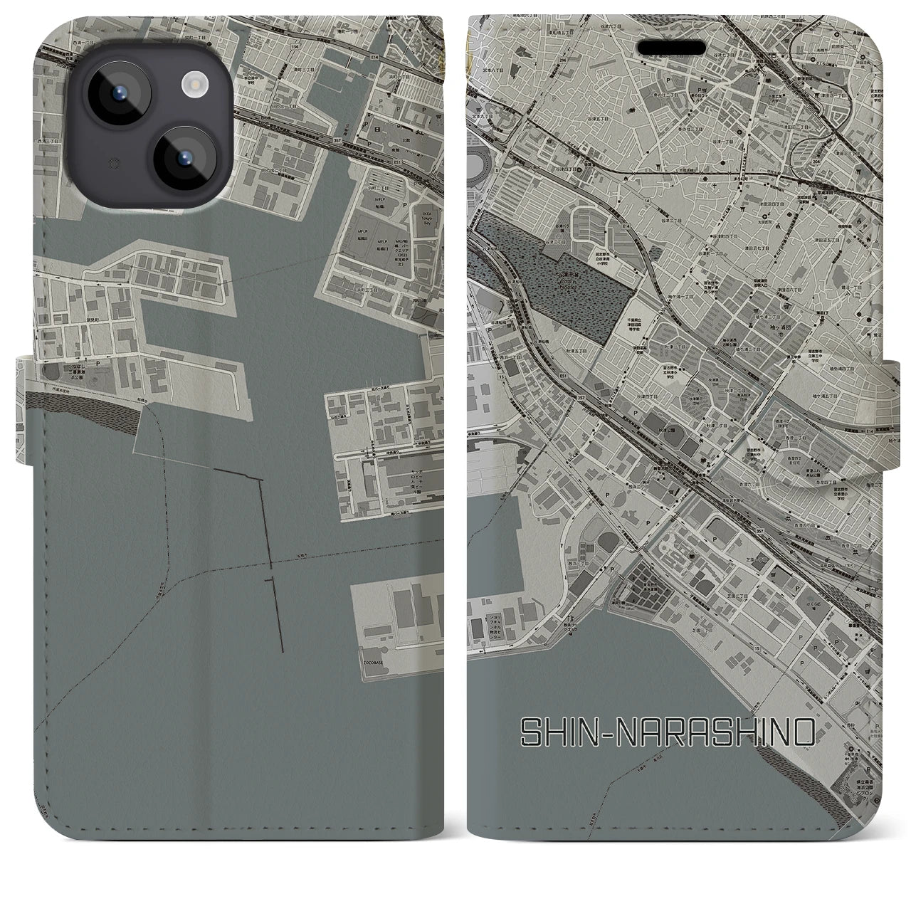 【新習志野(千葉県)】地図柄iPhoneケース(手帳タイプ)モノトーン・iPhone 14 Plus 用