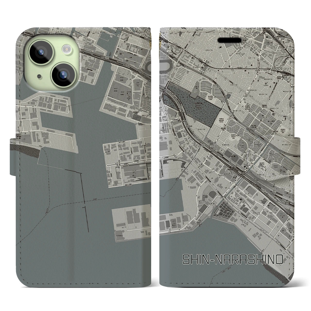 【新習志野(千葉県)】地図柄iPhoneケース(手帳タイプ)モノトーン・iPhone 15 用
