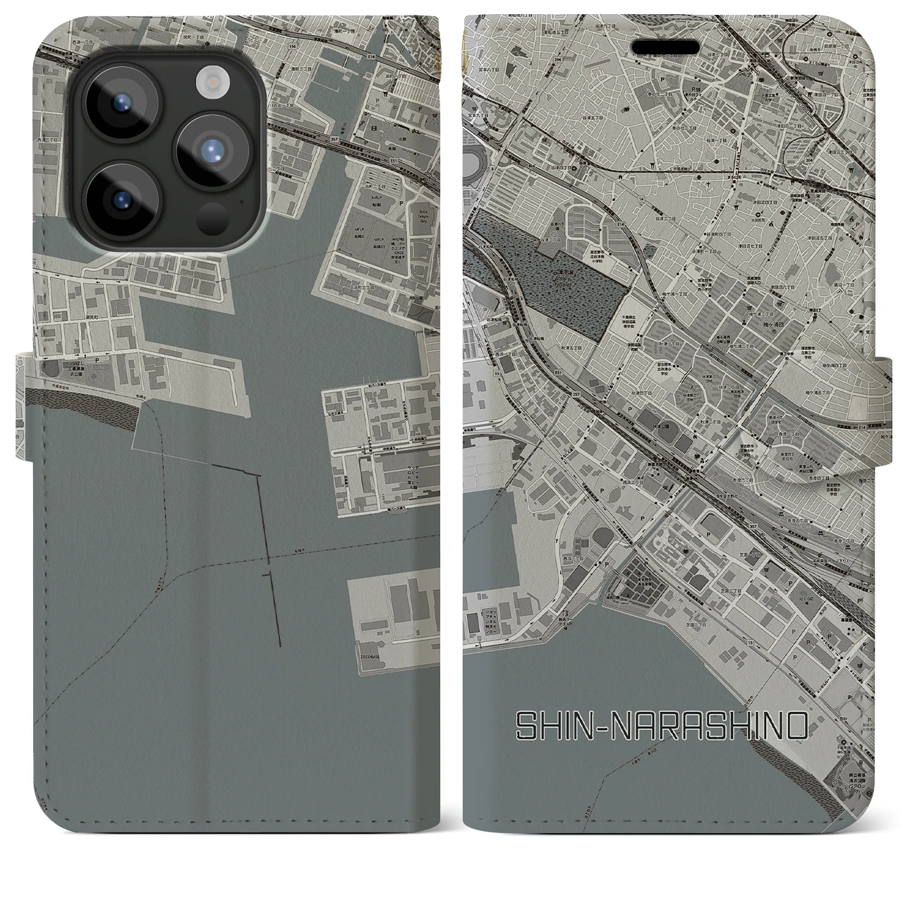 【新習志野(千葉県)】地図柄iPhoneケース(手帳タイプ)モノトーン・iPhone 15 Pro Max 用