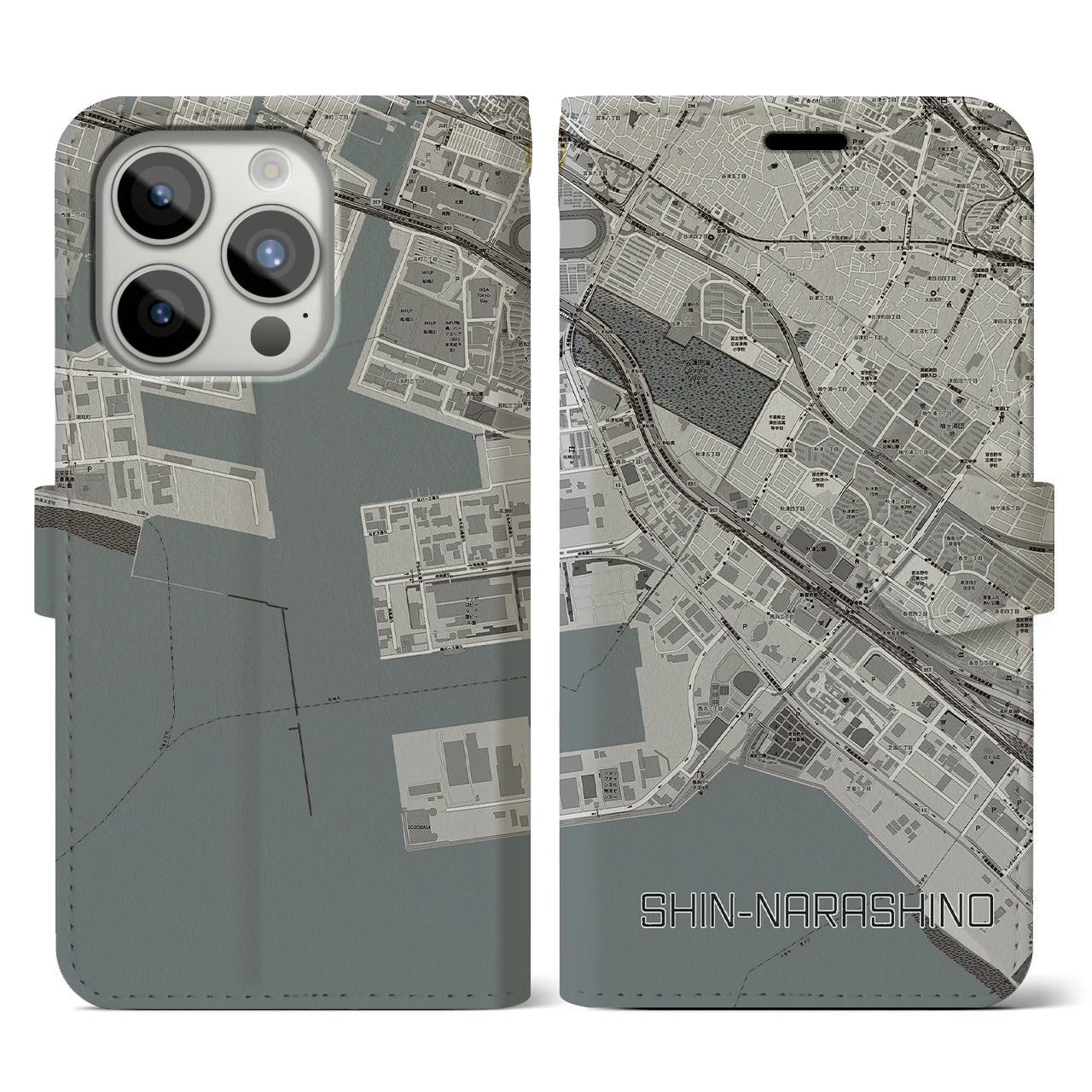 【新習志野(千葉県)】地図柄iPhoneケース(手帳タイプ)モノトーン・iPhone 15 Pro 用