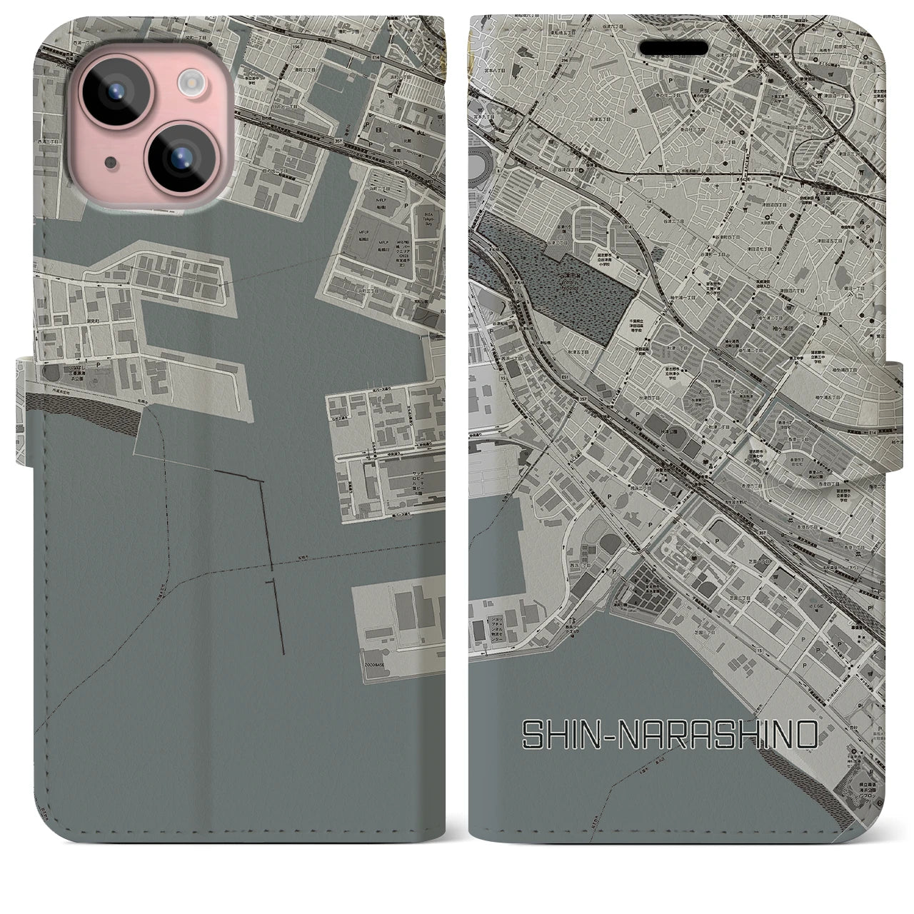 【新習志野(千葉県)】地図柄iPhoneケース(手帳タイプ)モノトーン・iPhone 15 Plus 用