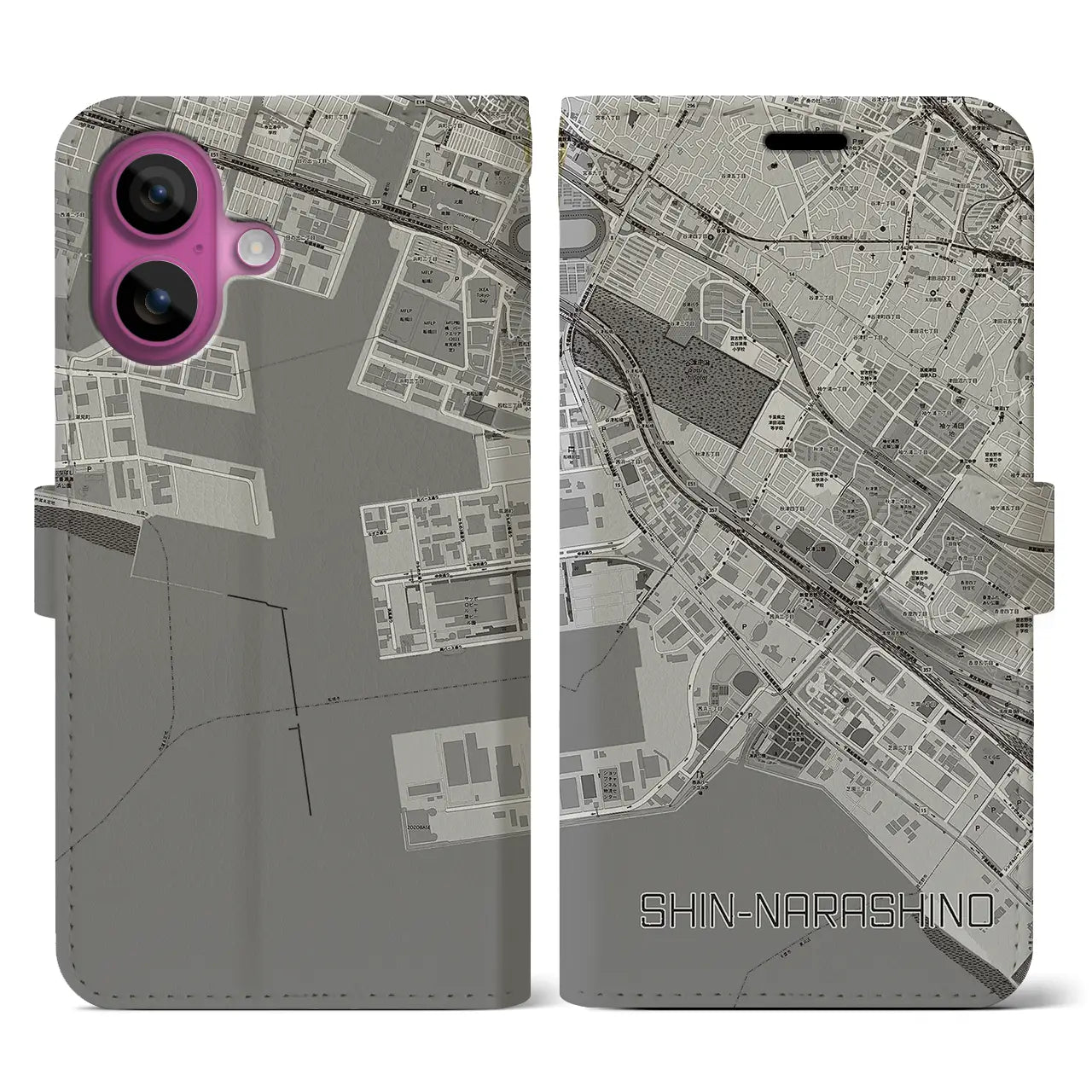 【新習志野(千葉県)】地図柄iPhoneケース(手帳タイプ)モノトーン・iPhone 16 Pro 用