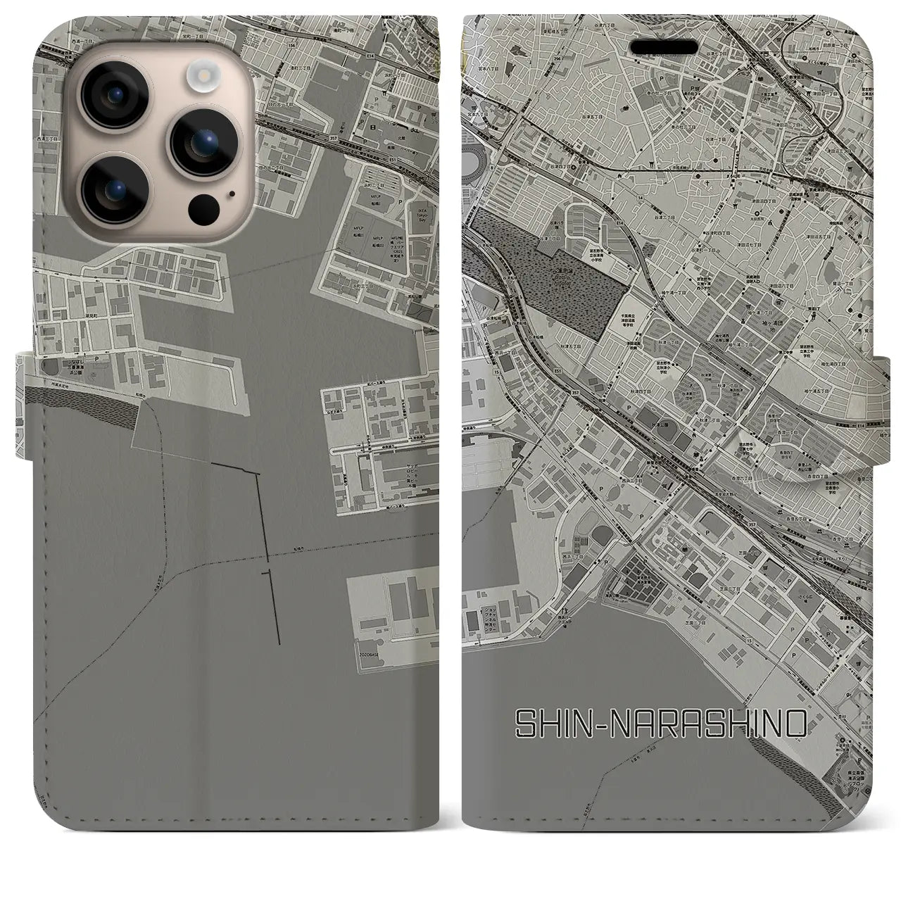 【新習志野(千葉県)】地図柄iPhoneケース(手帳タイプ)モノトーン・iPhone 16 Plus 用