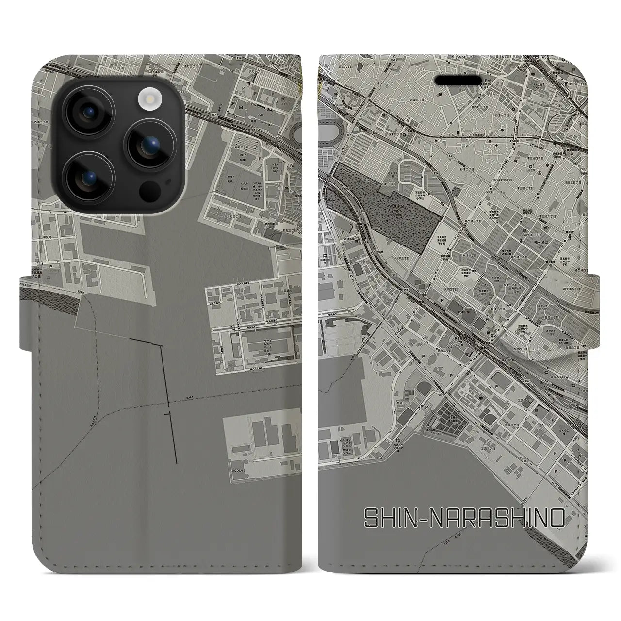 【新習志野(千葉県)】地図柄iPhoneケース(手帳タイプ)モノトーン・iPhone 16 用