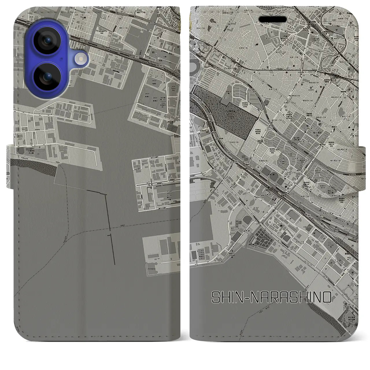 【新習志野(千葉県)】地図柄iPhoneケース(手帳タイプ)モノトーン・iPhone 16 Pro Max 用