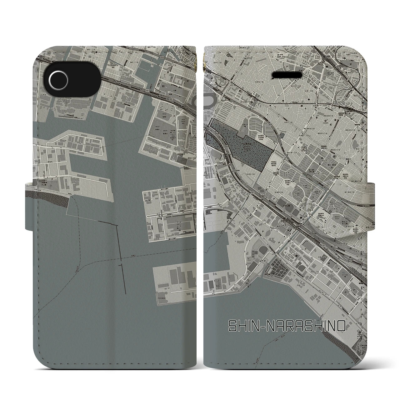 【新習志野(千葉県)】地図柄iPhoneケース(手帳タイプ)モノトーン・iPhone SE(第3 / 第2世代) / 8 / 7 / 6s / 6 用