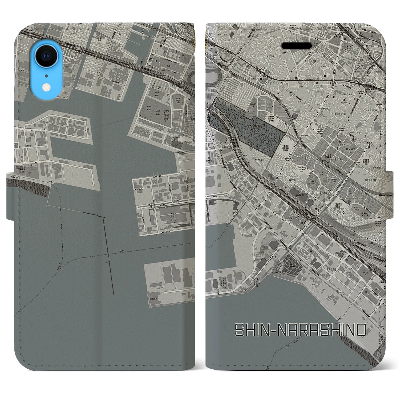 【新習志野(千葉県)】地図柄iPhoneケース(手帳タイプ)モノトーン・iPhone XR 用