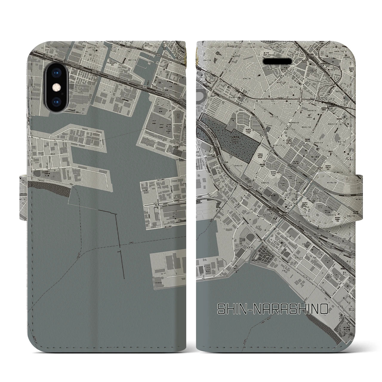 【新習志野(千葉県)】地図柄iPhoneケース(手帳タイプ)モノトーン・iPhone XS / X 用