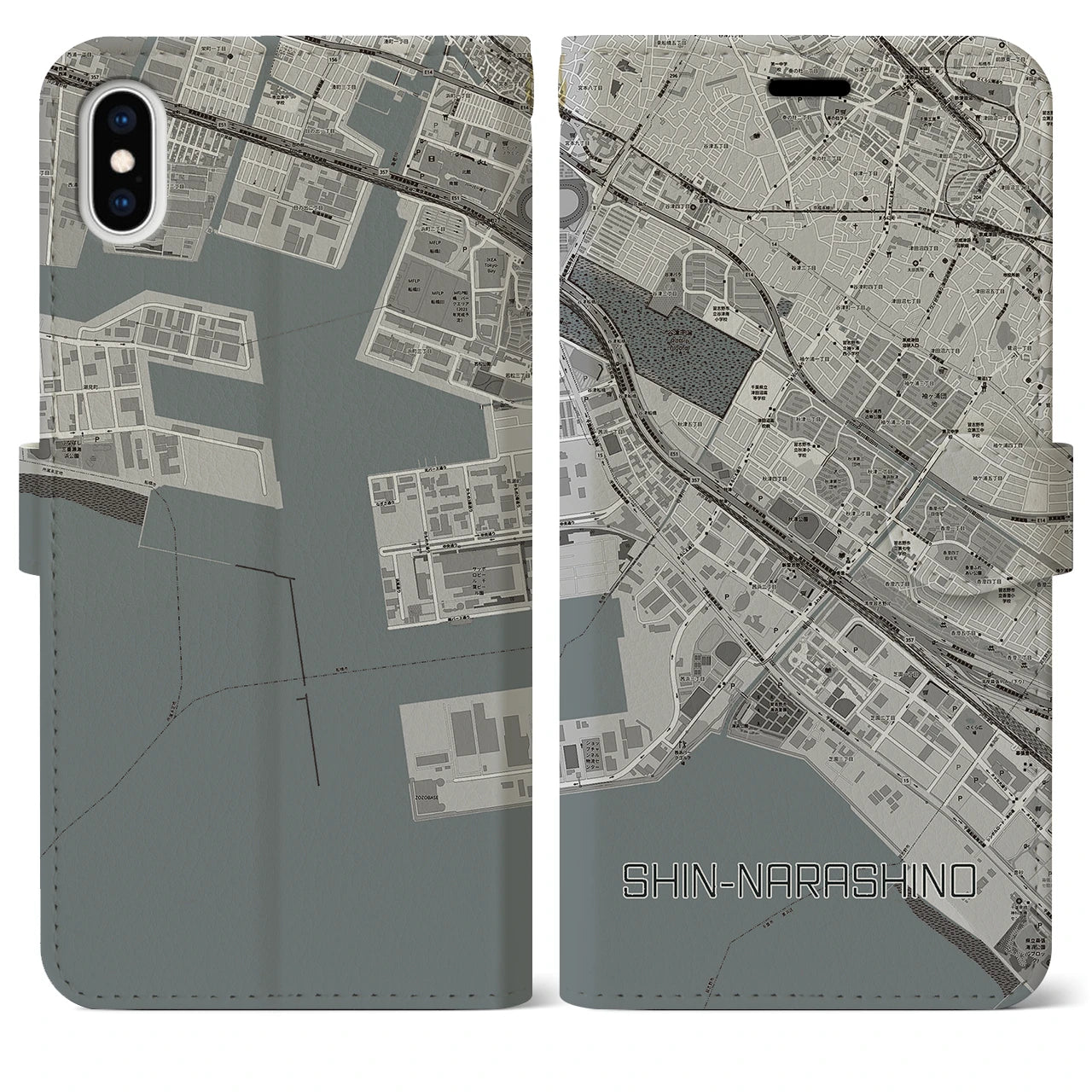 【新習志野(千葉県)】地図柄iPhoneケース(手帳タイプ)モノトーン・iPhone XS Max 用