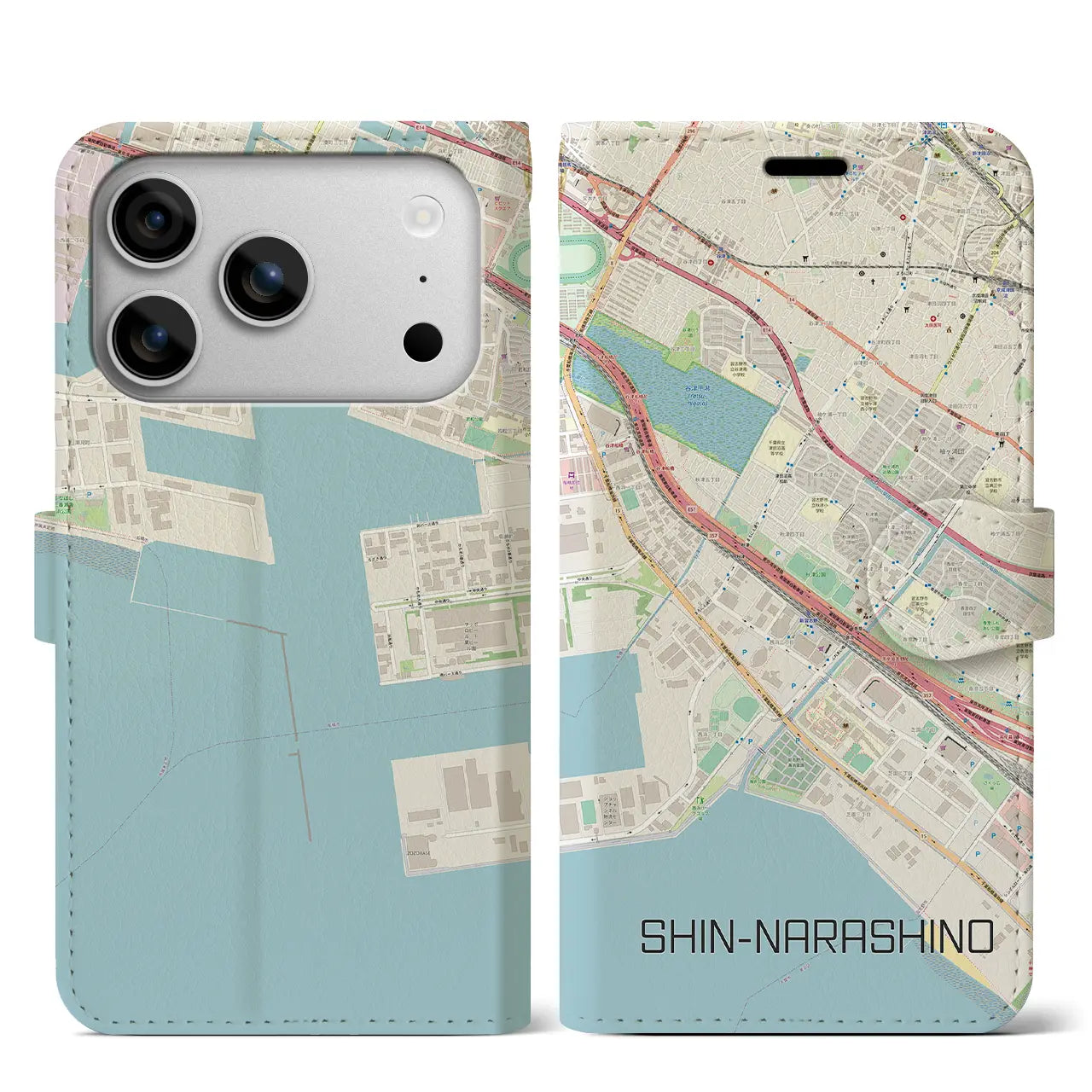 【新習志野(千葉県)】地図柄iPhoneケース(手帳タイプ)モノトーン・iPhone 17 Pro Max 用