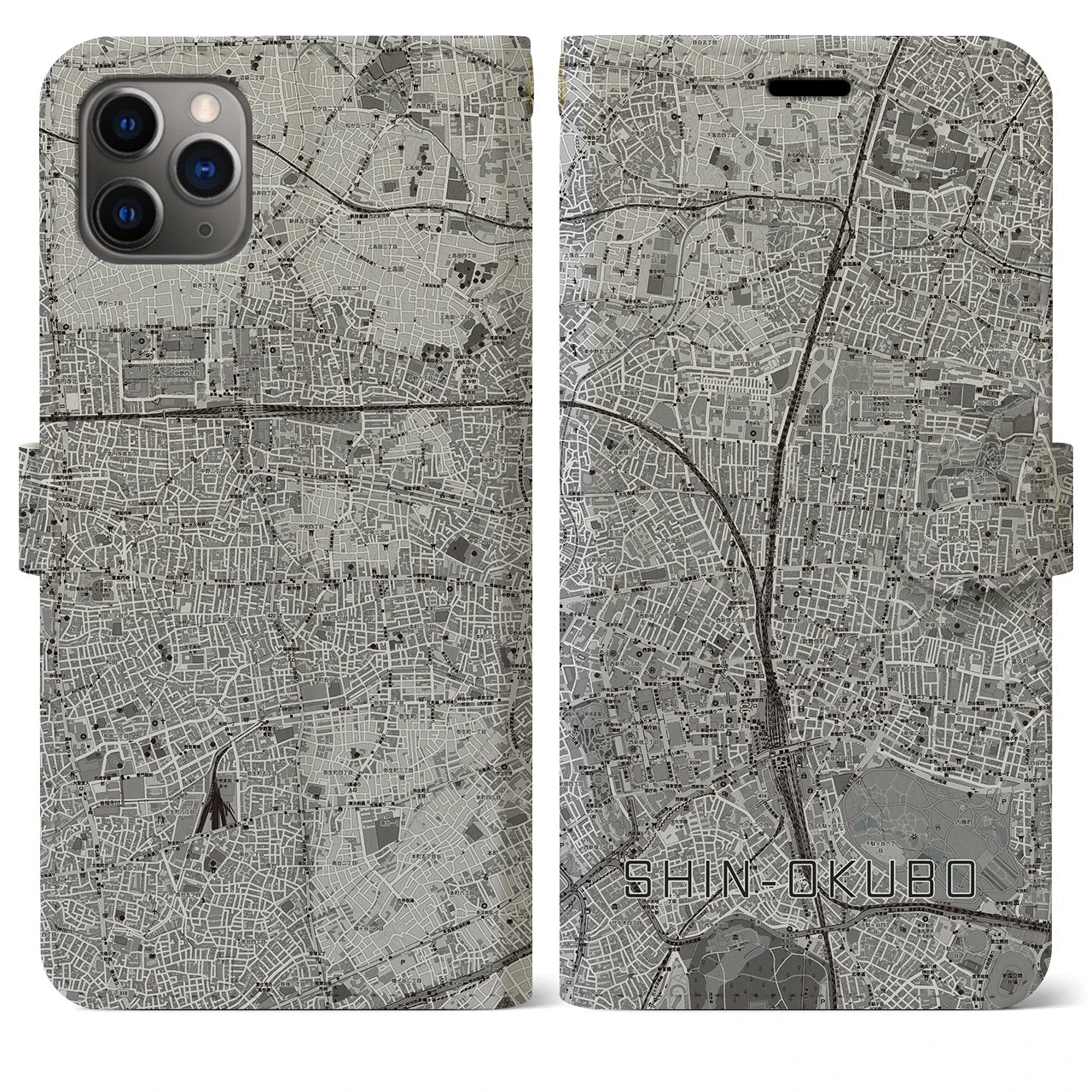 【新大久保(東京都)】地図柄iPhoneケース(手帳タイプ)モノトーン・iPhone 11 Pro Max 用