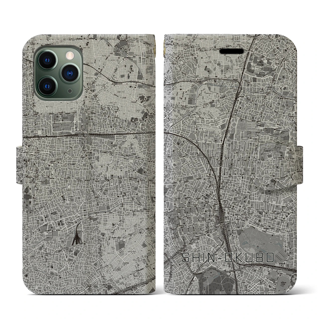 【新大久保(東京都)】地図柄iPhoneケース(手帳タイプ)モノトーン・iPhone 11 Pro 用