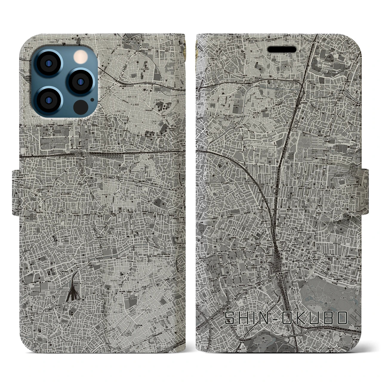 【新大久保(東京都)】地図柄iPhoneケース(手帳タイプ)モノトーン・iPhone 12 / 12 Pro 用