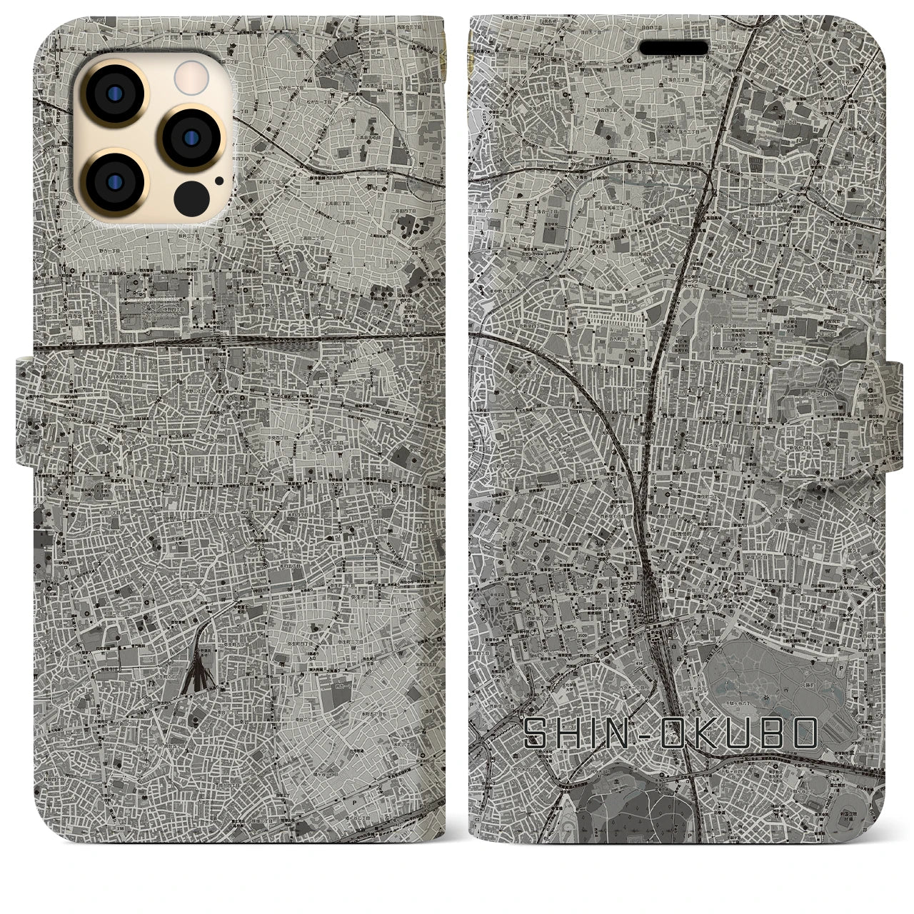 【新大久保(東京都)】地図柄iPhoneケース(手帳タイプ)モノトーン・iPhone 12 Pro Max 用