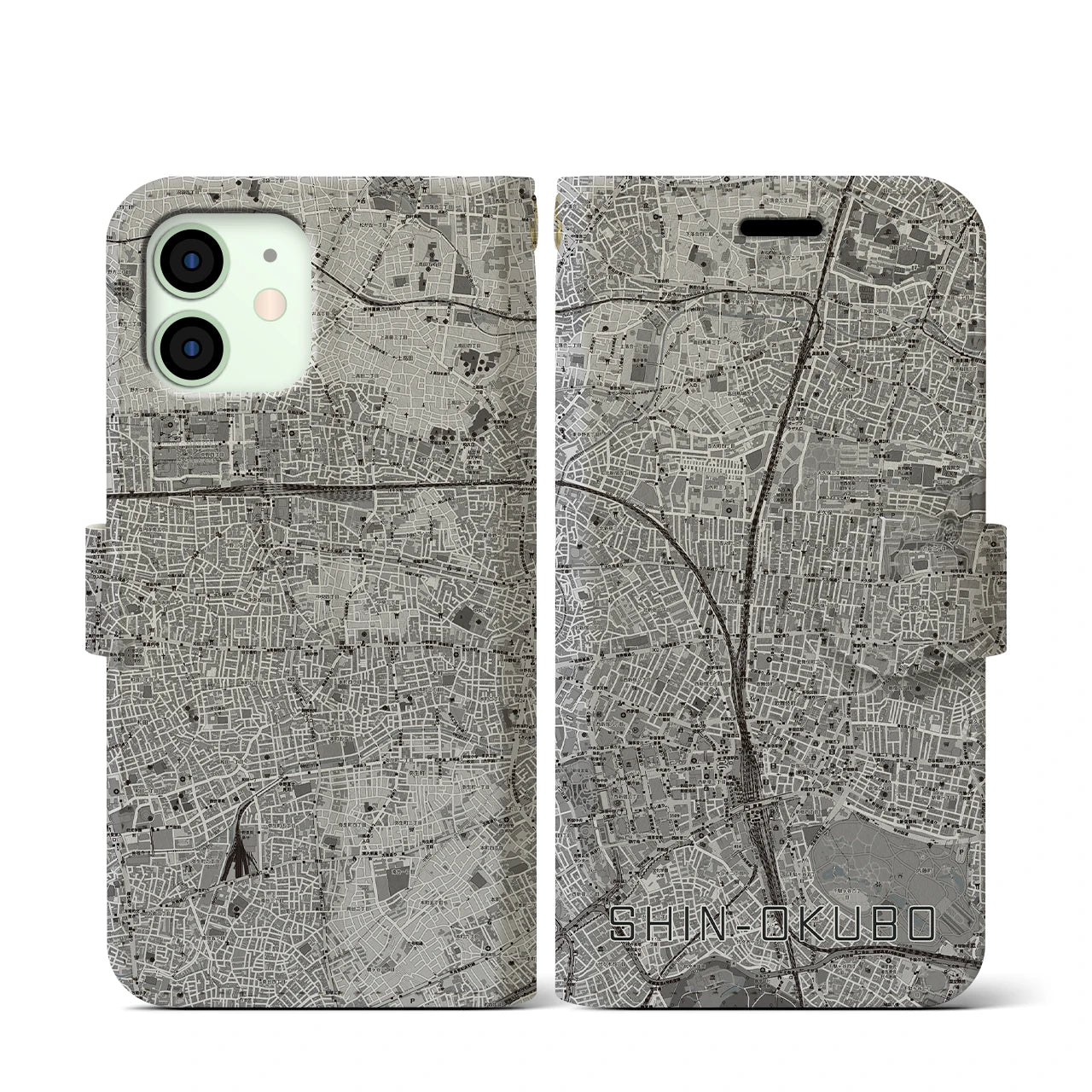 【新大久保(東京都)】地図柄iPhoneケース(手帳タイプ)モノトーン・iPhone 12 mini 用