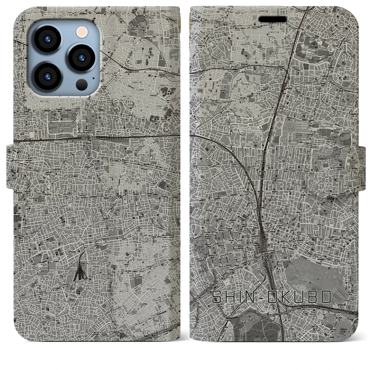 【新大久保(東京都)】地図柄iPhoneケース(手帳タイプ)モノトーン・iPhone 13 Pro Max 用