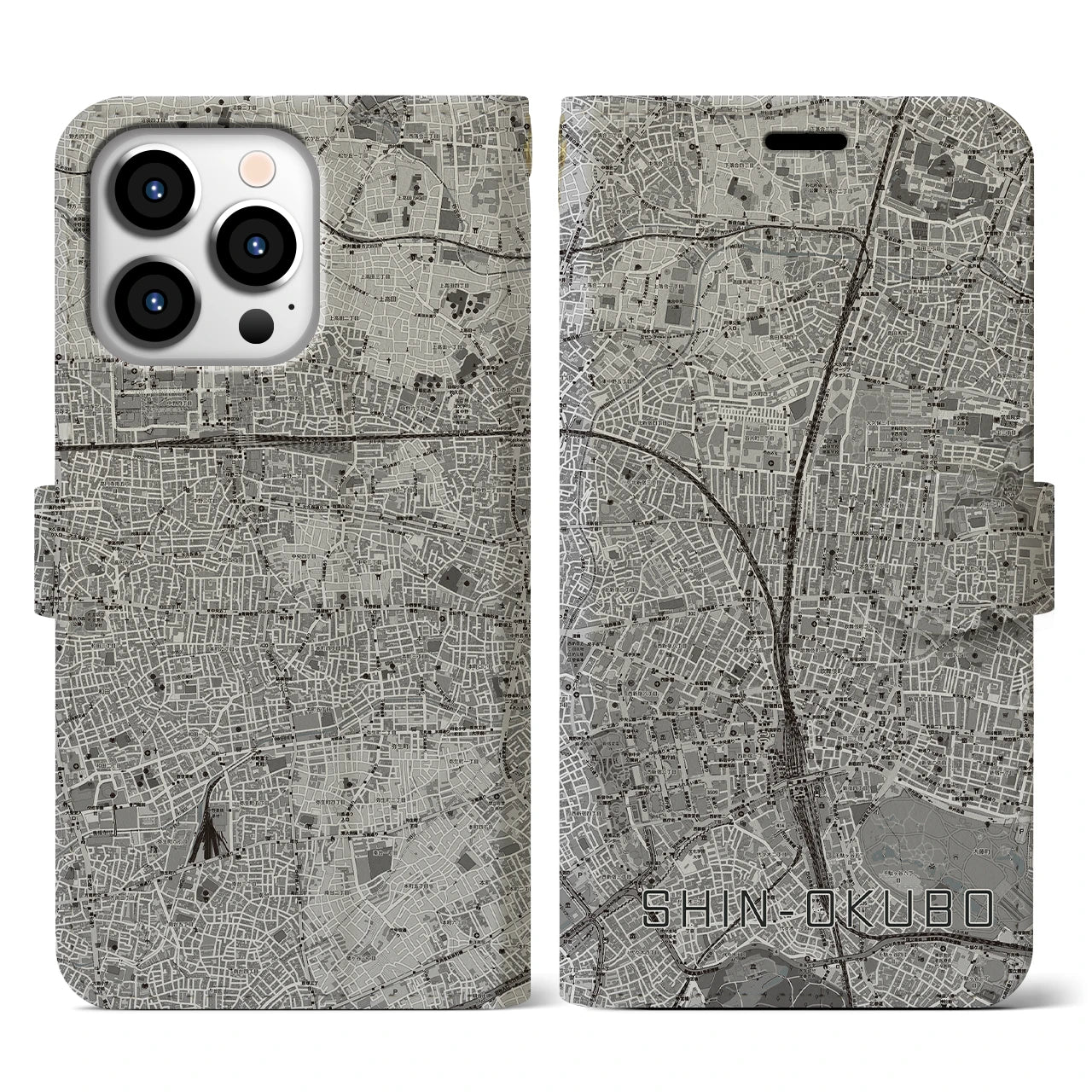 【新大久保(東京都)】地図柄iPhoneケース(手帳タイプ)モノトーン・iPhone 13 Pro 用