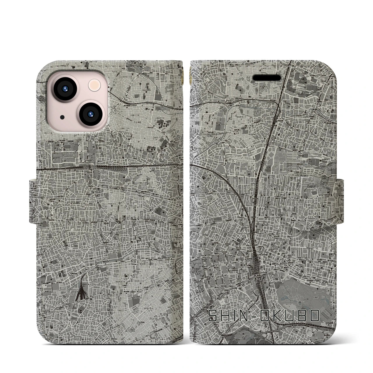 【新大久保(東京都)】地図柄iPhoneケース(手帳タイプ)モノトーン・iPhone 13 mini 用