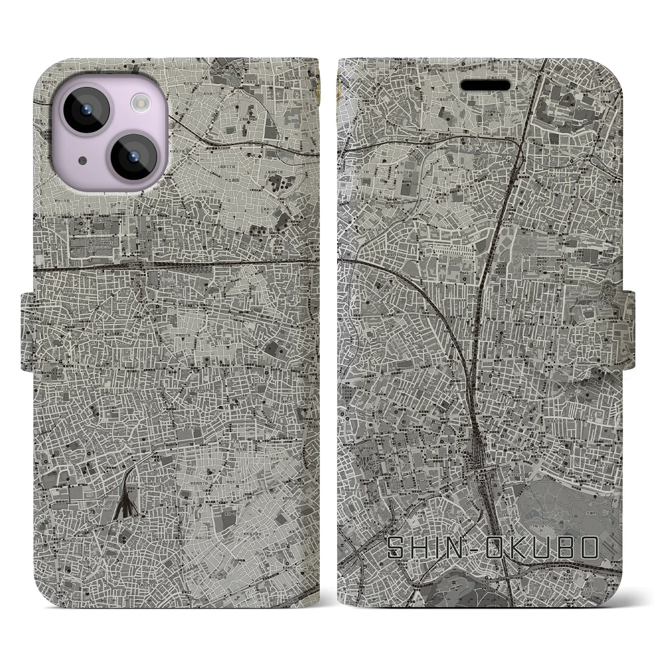 【新大久保(東京都)】地図柄iPhoneケース(手帳タイプ)モノトーン・iPhone 14 用