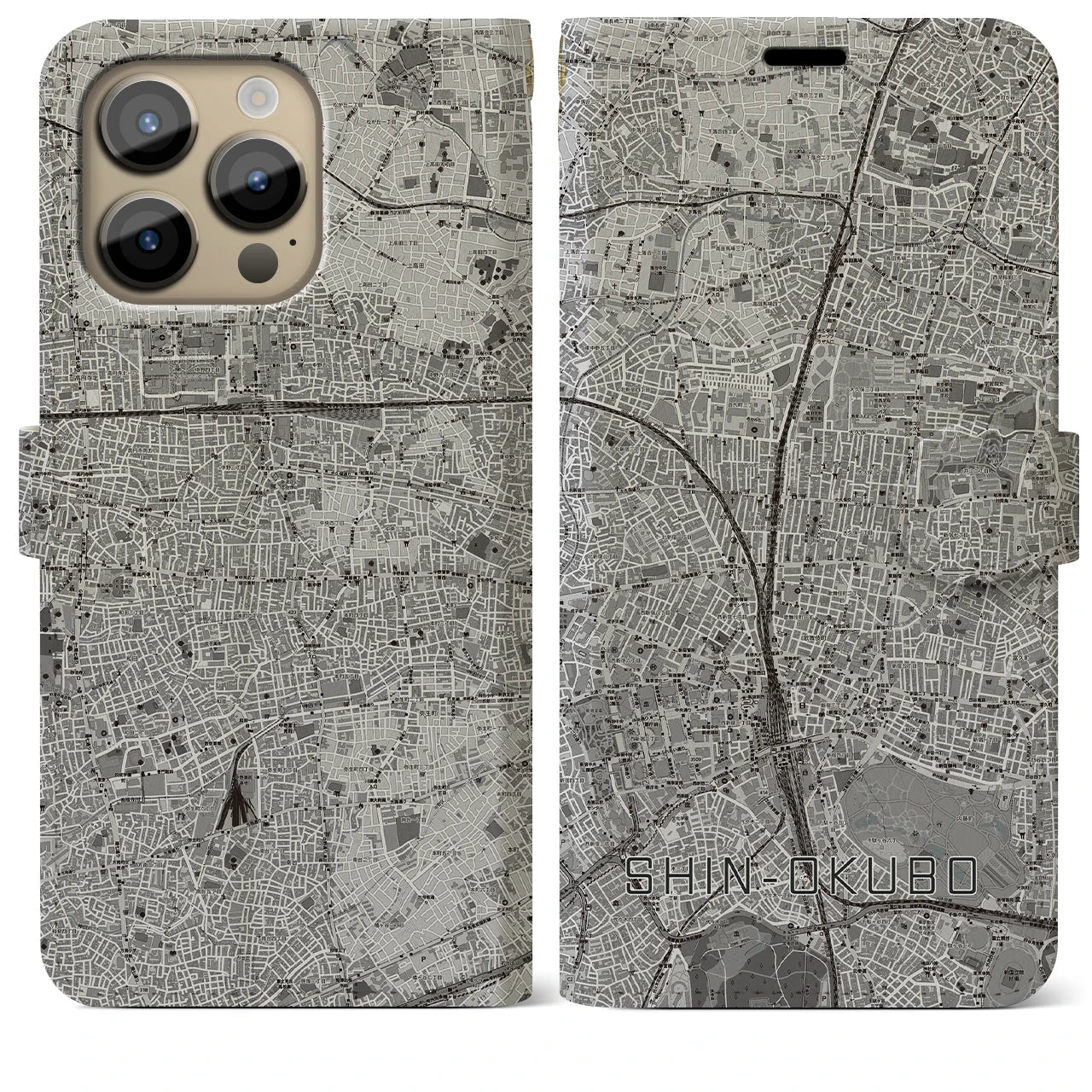 【新大久保(東京都)】地図柄iPhoneケース(手帳タイプ)モノトーン・iPhone 14 Pro Max 用