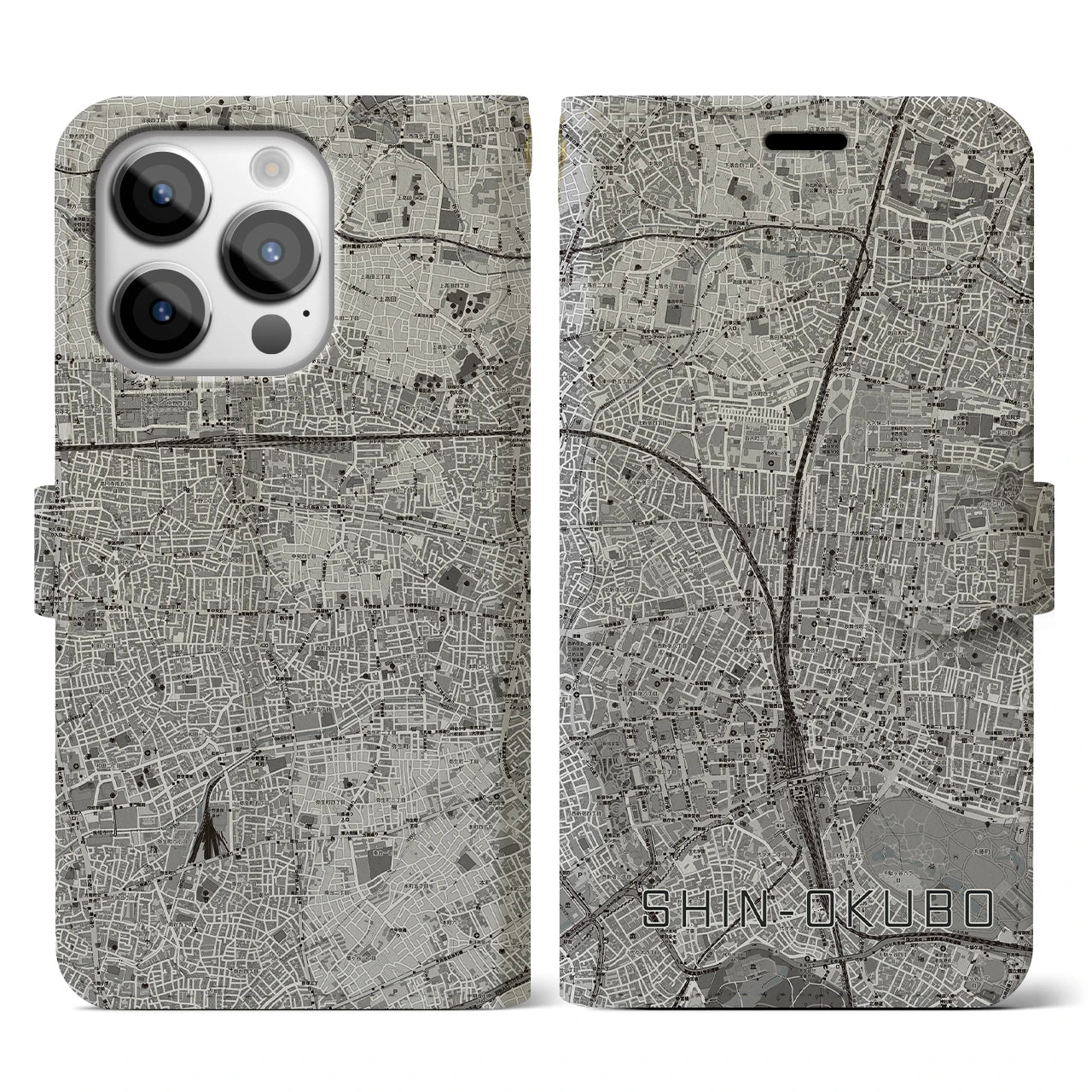 【新大久保(東京都)】地図柄iPhoneケース(手帳タイプ)モノトーン・iPhone 14 Pro 用