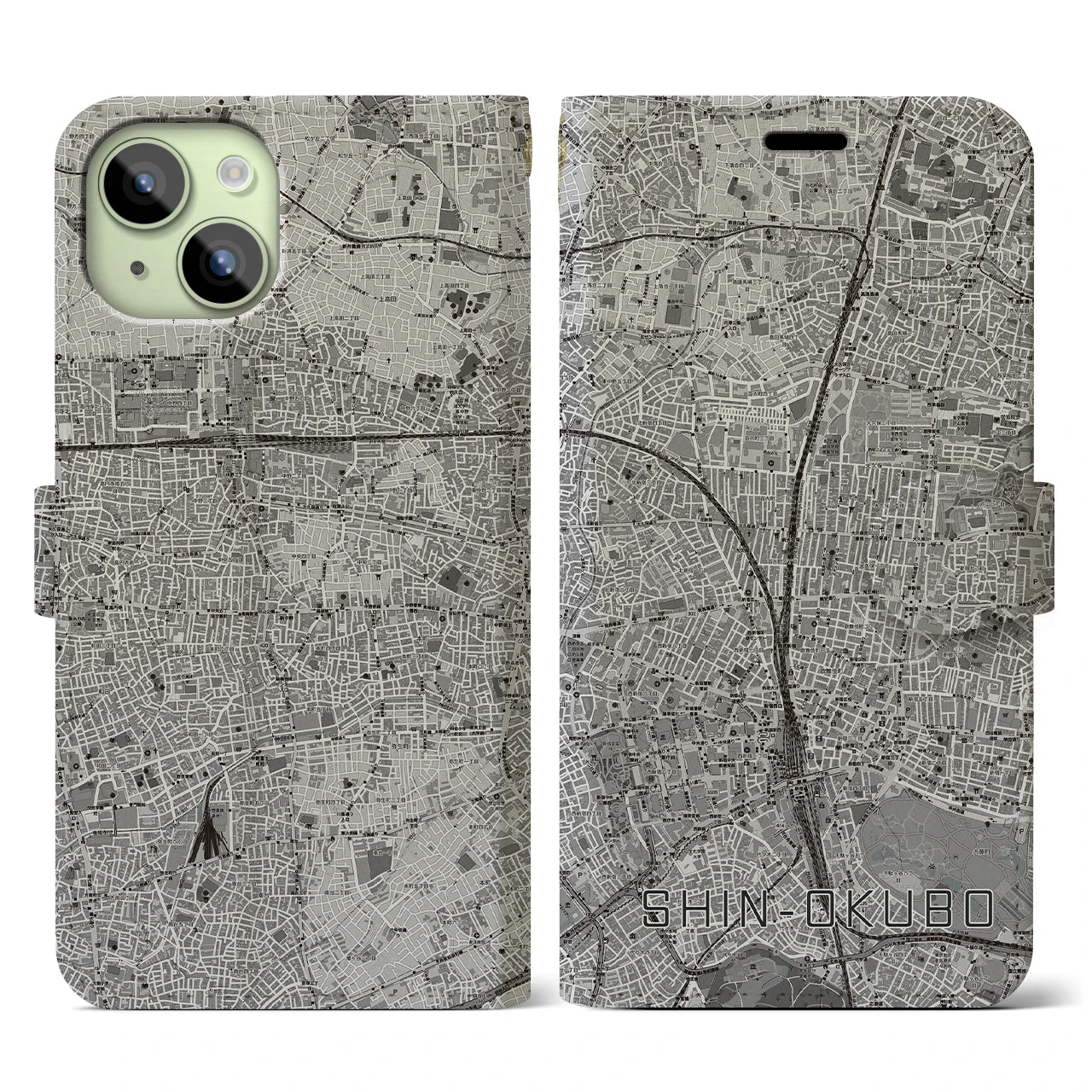 【新大久保(東京都)】地図柄iPhoneケース(手帳タイプ)モノトーン・iPhone 15 用