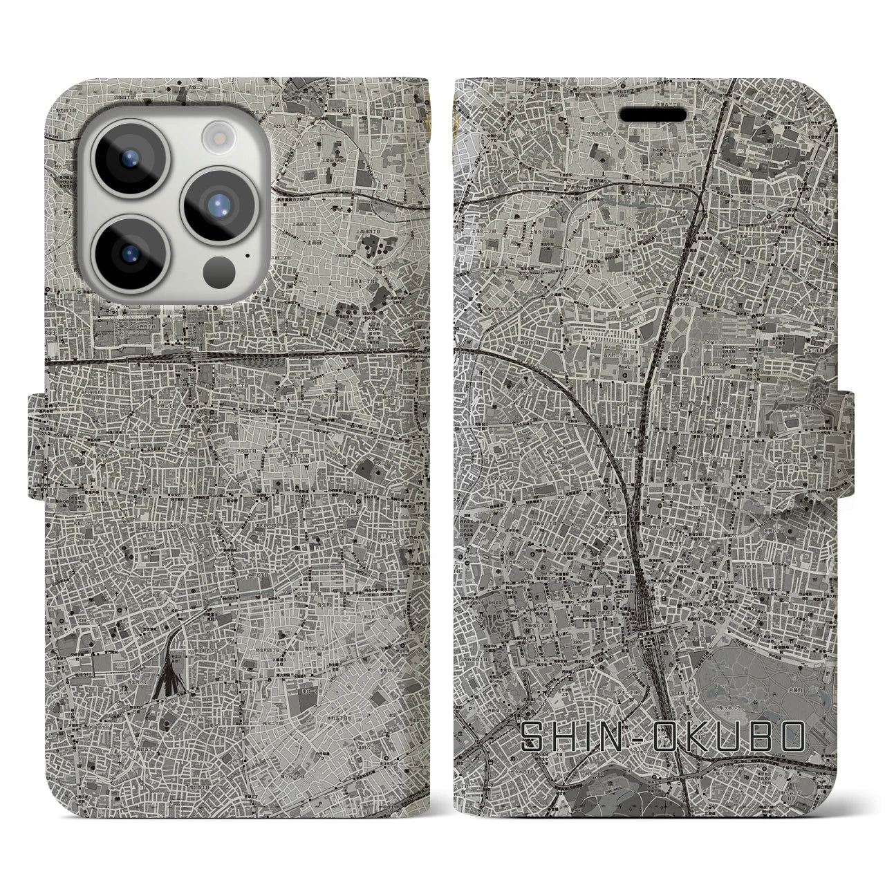 【新大久保(東京都)】地図柄iPhoneケース(手帳タイプ)モノトーン・iPhone 15 Pro 用