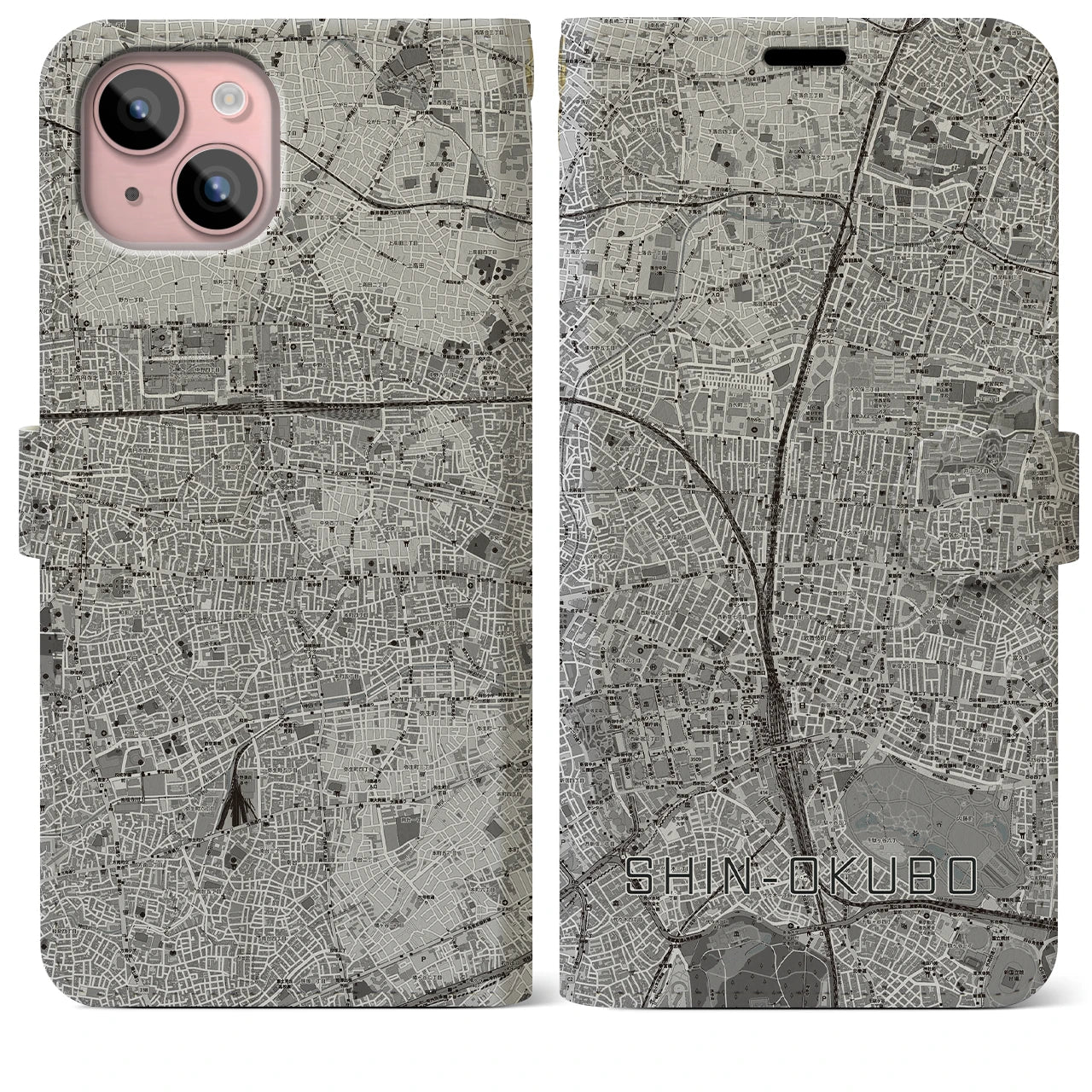 【新大久保(東京都)】地図柄iPhoneケース(手帳タイプ)モノトーン・iPhone 15 Plus 用